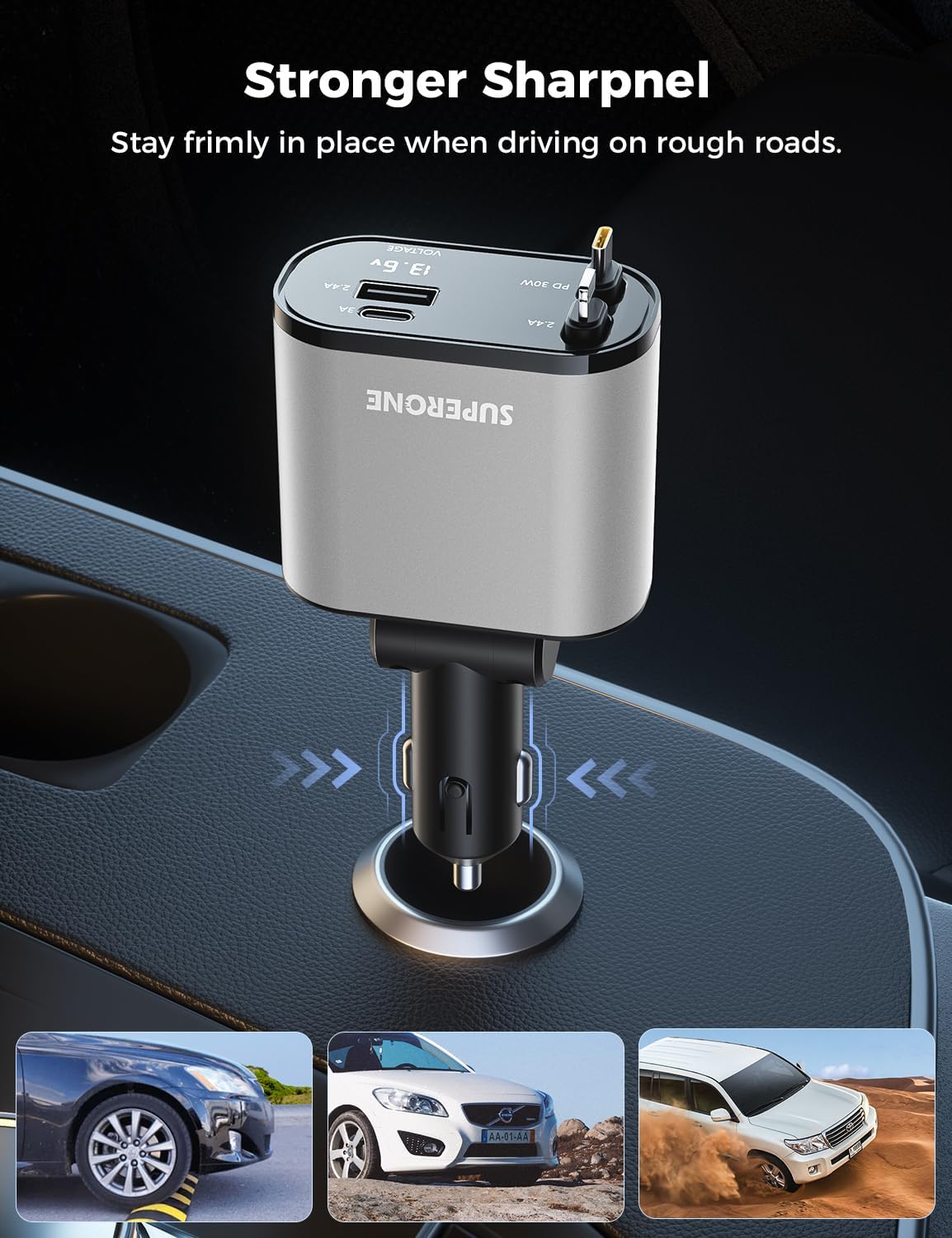 Detalle de SUPERONE Retractable Car Charger with 2.6ft Cord