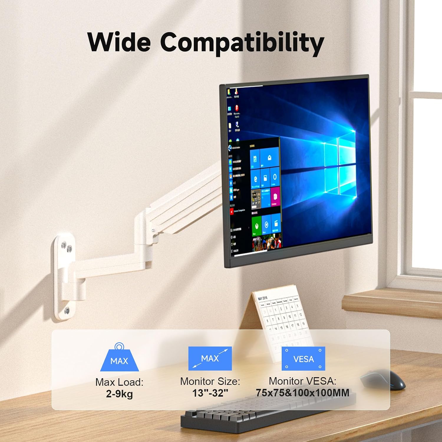 Detalle de Suptek Monitor Wandhalterung 13–32 Zoll, Gasfeder, VESA 75x75/100x100, Weiß