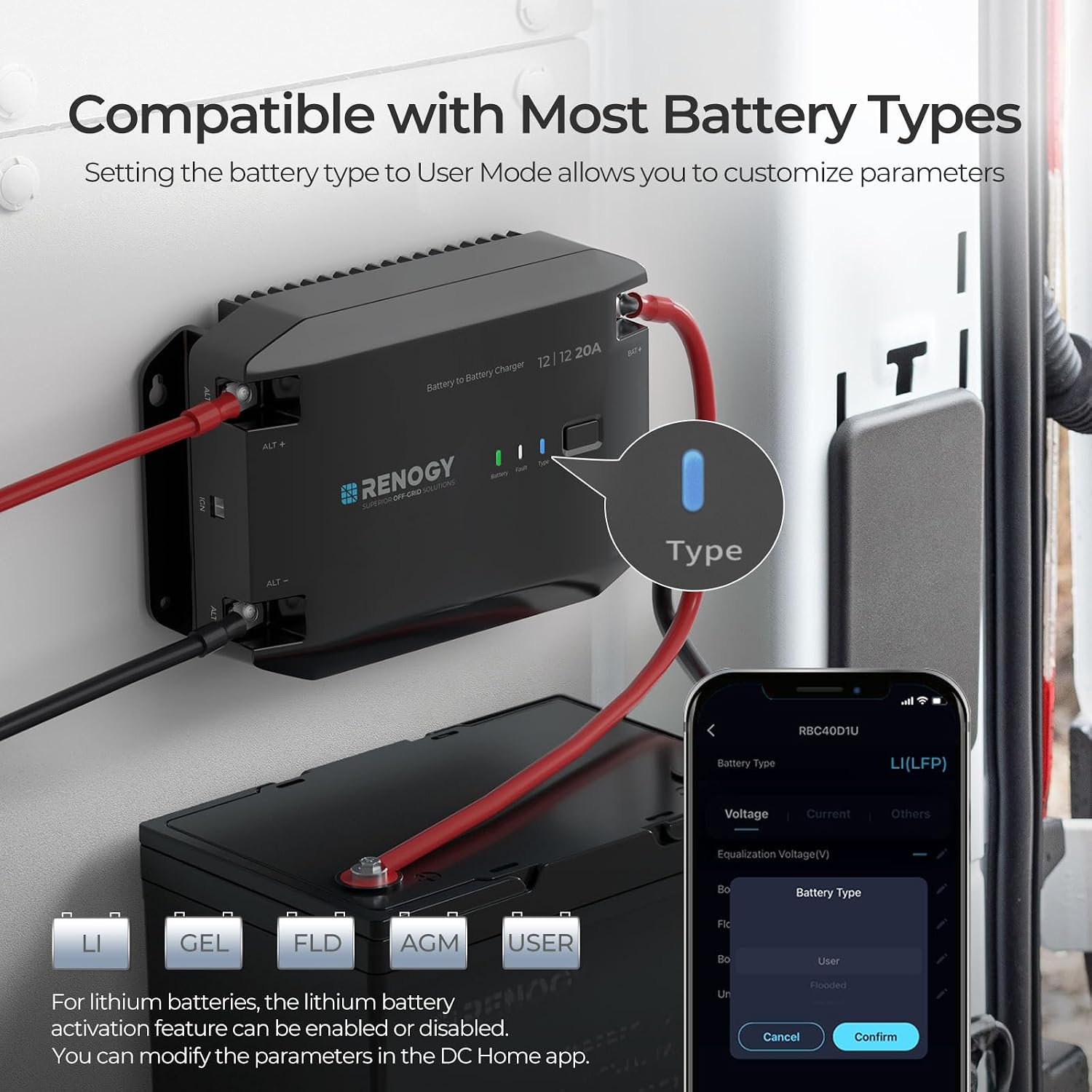 Detalle de Renogy 12V DC to DC Battery Charger 20A – intelligent converter with alternator detection & Bluetooth control