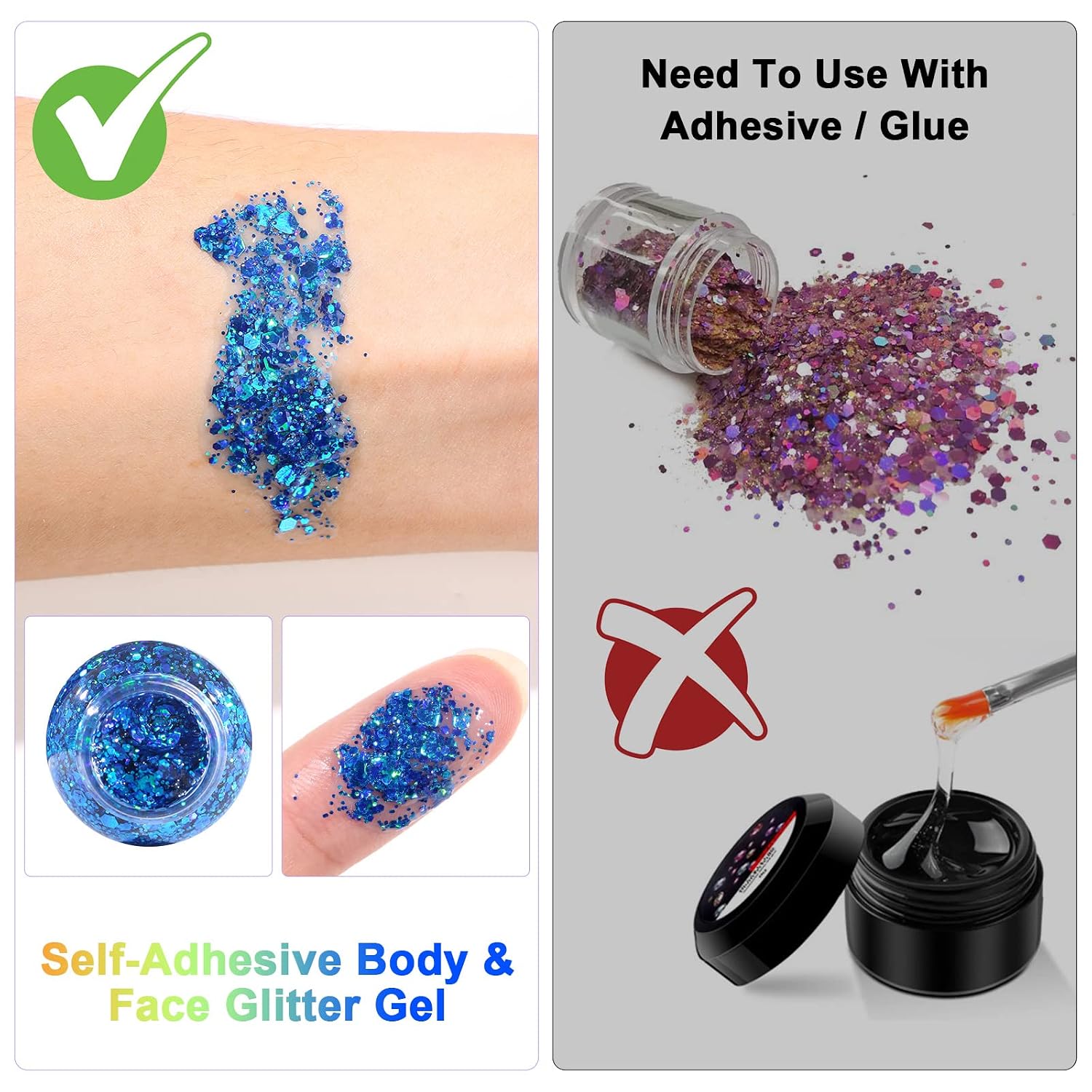 Detalle 2 de URAQT Body Glitter Gel – Chunky Glitzer Gel für Gesicht, Haut und Haare (01-Blau)