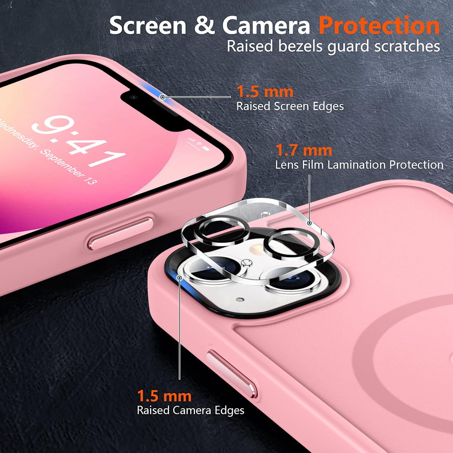 Detalle de MOCCA Strong Magnetic iPhone 13 Case (6.1") with MagSafe Support + Screen & Camera Lens Protectors, Pink (Translucent Matte Slim)
