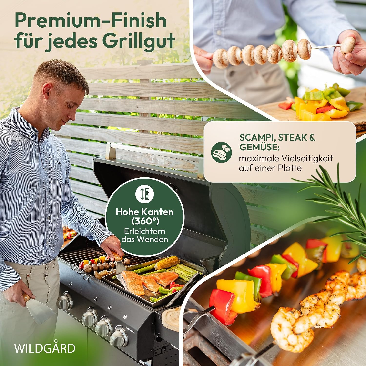 Detalle de WILDGÅRD Grillplatte Plancha 40 x 30 cm aus rostfreiem Edelstahl – inkl. 2 Grillspachtel & 5 Spieße