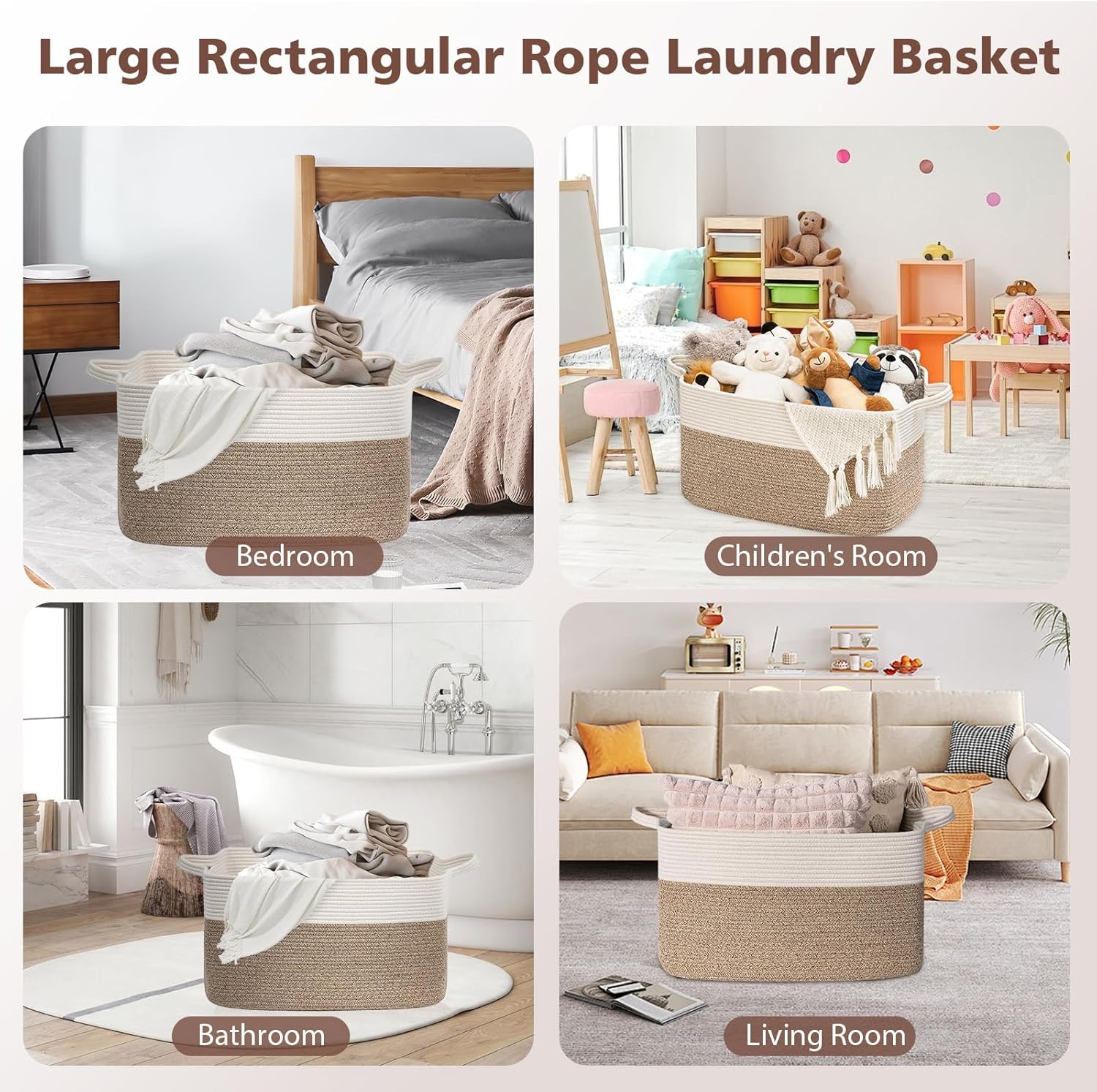 Detalle de Large Foldable Woven Cotton Laundry Basket with Handle (Brown & White), 55 x 38 x 30cm