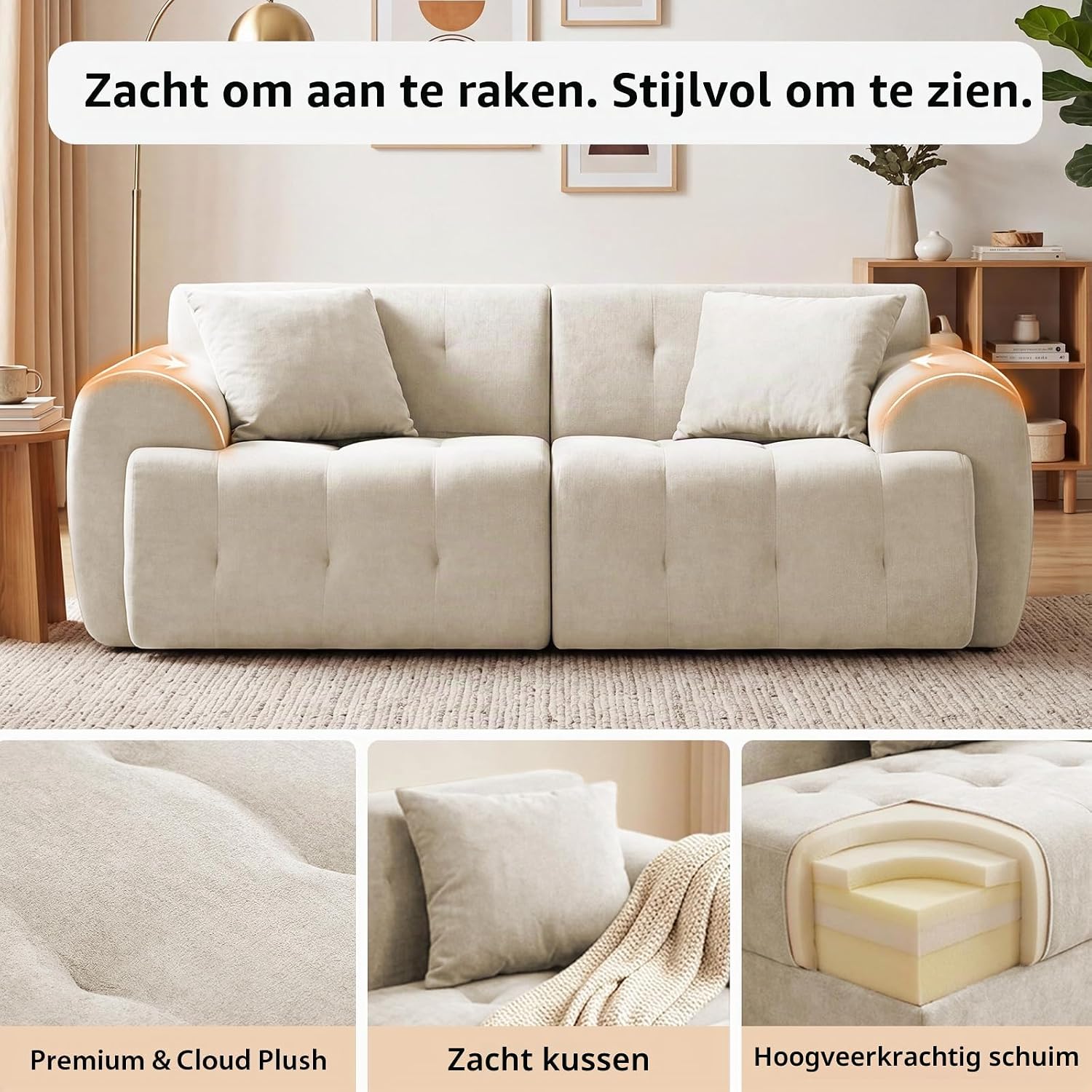 Detalle de COMHOMA B16 2-zitsbank van stof, beige, 180 x 86 x 40 cm