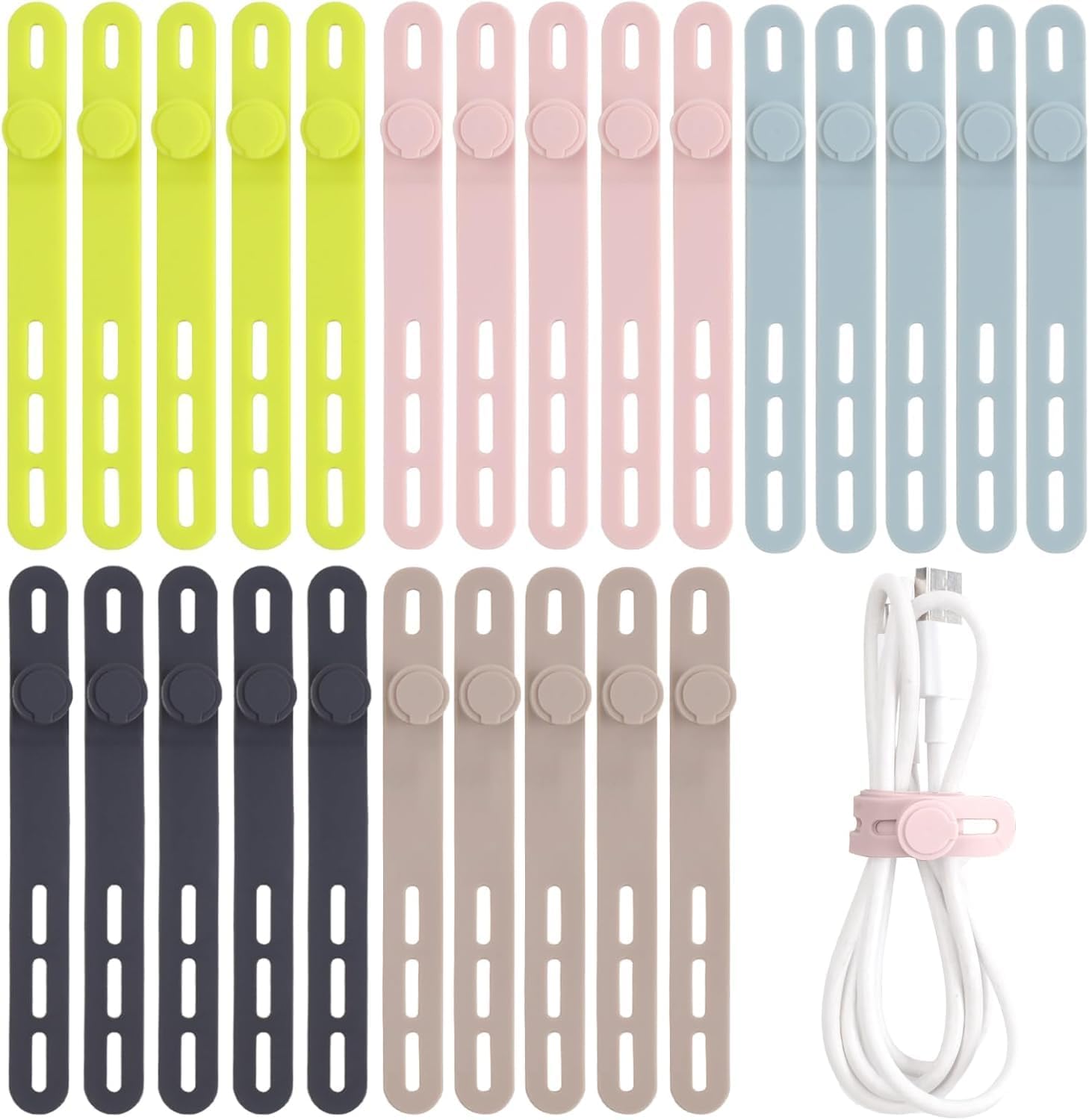 Detalle de Oligei 13GJZD0001 Silicone Cable Ties, 25-Pack, Reusable Locking Wraps