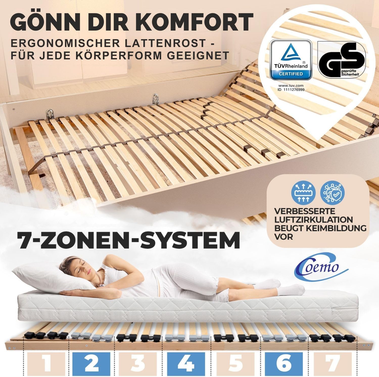 Thumbnail 1 de Coemo 7-Zonen Lattenrost Ergo 140x200 – Verstellbares Kopfteil, Birke/Buche-Rahmen, 28 Federleisten, Made in Germany
