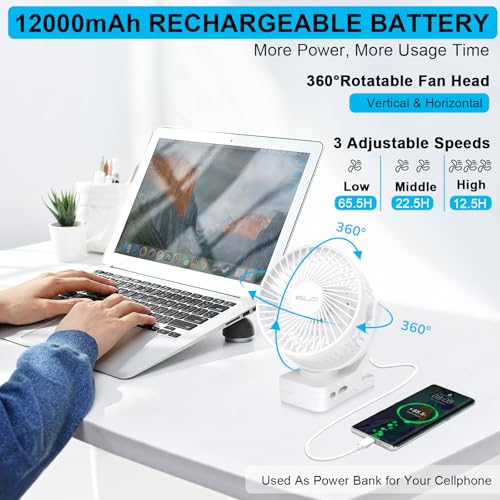 Detalle 2 de ELZO Ventiladores de sobremesa USB 12000mAh: 360° de aire, 3 velocidades y luz LED con control remoto
