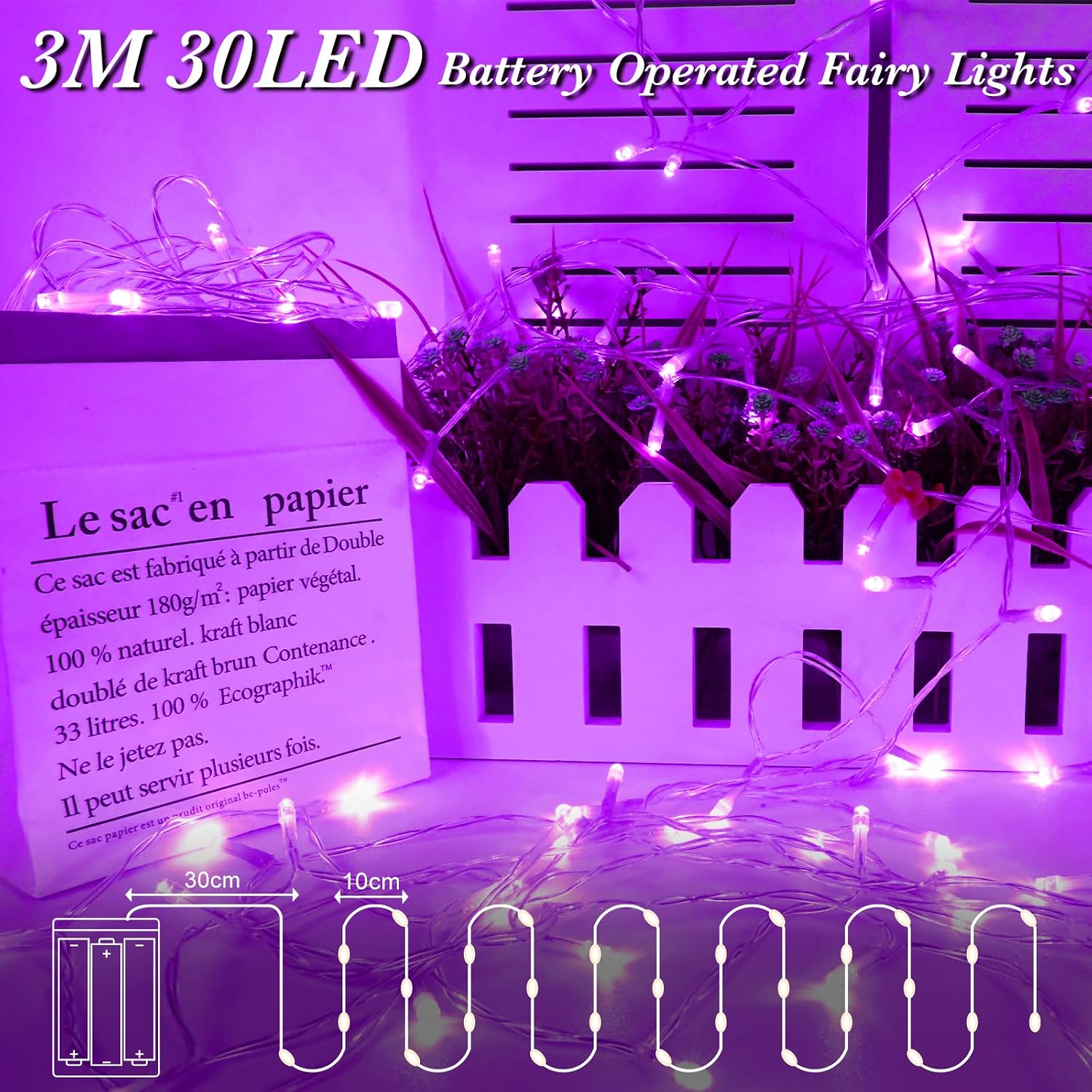 Detalle de Gcstnn Battery Fairy Lights, 3M 30 LED – Purple, IP65, Battery Operated with Timer