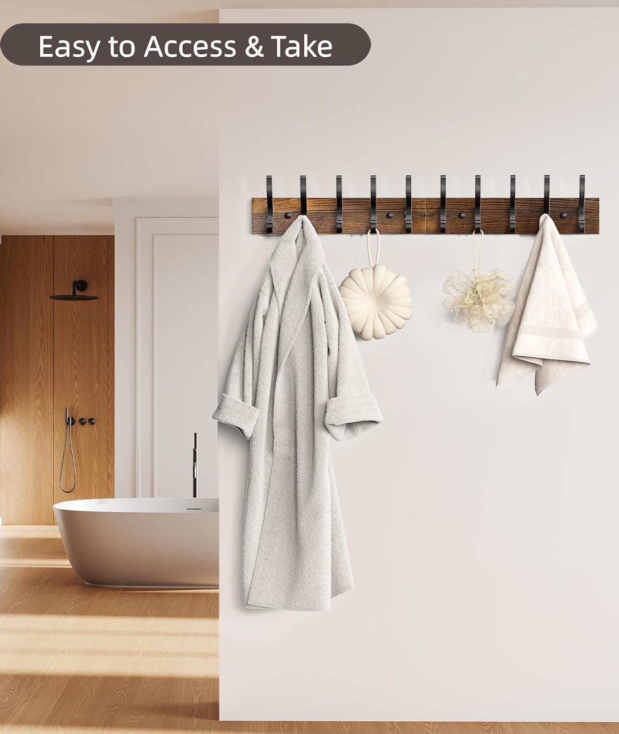 Detalle de Optish coat hooks3 Wooden Wall Coat Rack, 10 Double Hooks, Rustic Brown