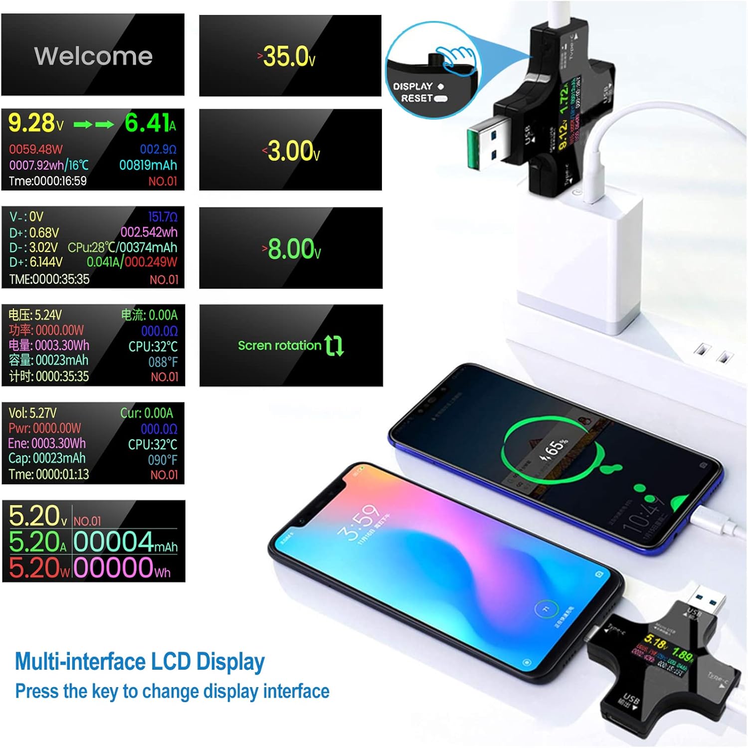 Thumbnail 1 de USB Tester Messgerät 2-in-1 USB C Strommessgerät 0-8A