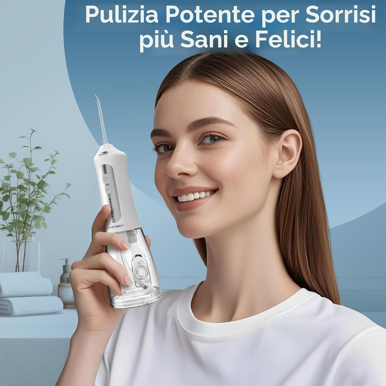 Detalle de BarberBoss Idropulsore dentale elettrico con 5 punte e serbatoio da 300 ml – QR-7024 (Bianco)