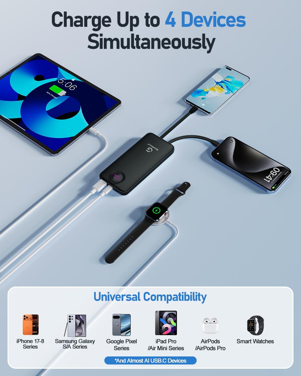 Detalle 1 de GrnOas.E K51-26-F 10,000mAh 22.5W Power Bank with Built-In Cables
