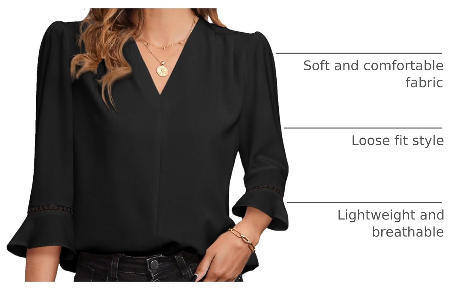 Detalle 2 de EVALESS Women's 3/4 Sleeve Pleated V-Neck Dressy Casual Tops