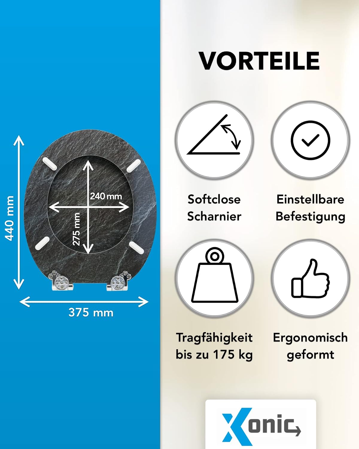 Detalle de Xonic Design WC-Sitz Premium mit Absenkautomatik, MDF170 – Toilettensitz mit Soft-Close und Motiv