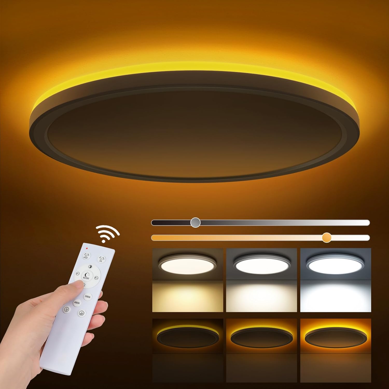 Detalle de ONEWAY 29cm LED Ceiling Light with 24W, 2400lm, 1800K Amber Night Light and 3000–6500K Dimmable Multi-Scene Finish