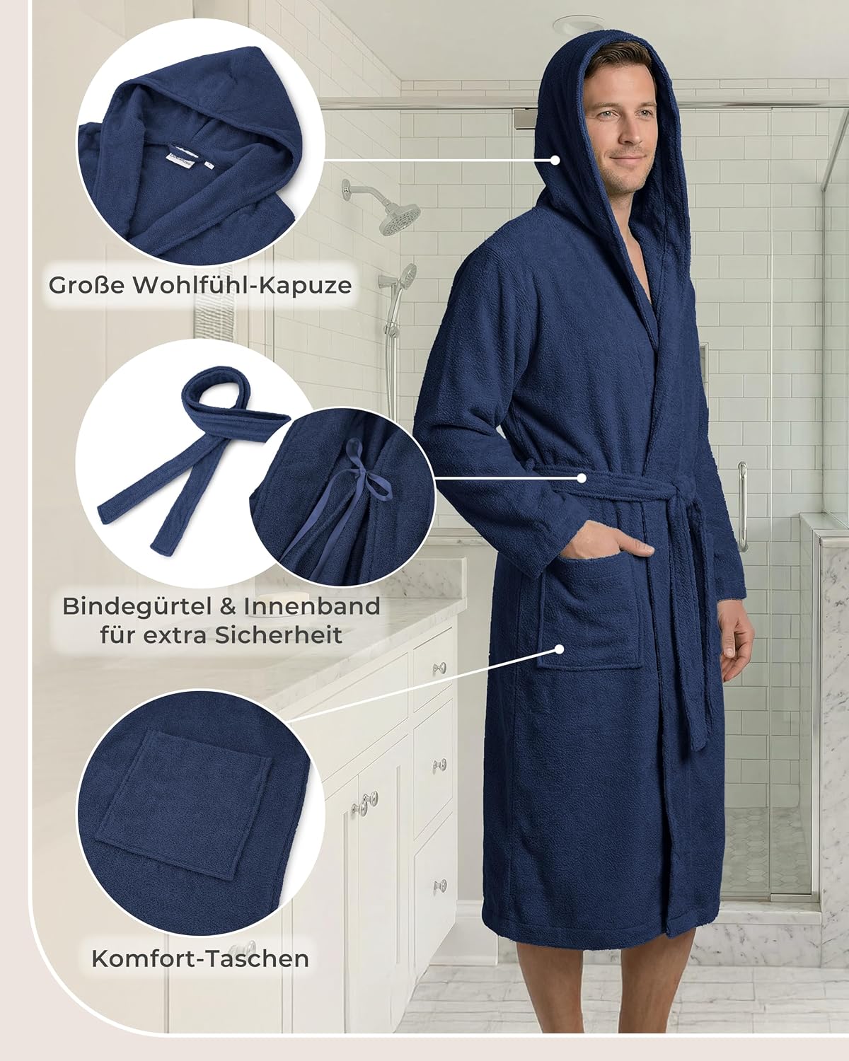 Detalle de LAYNENBURG Bademantel Herren – Frottee 100% Baumwolle, wadenlang, Kapuze, 360 g/m², ÖKO-TEX, geeignet für Sauna & Zuhause