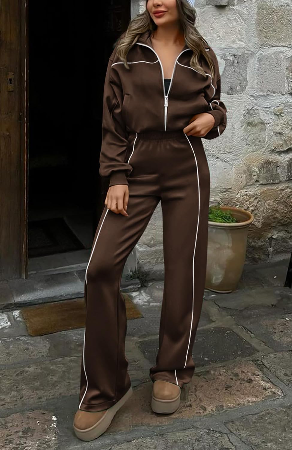 Detalle 2 de BTFBM Women's Two Piece Tracksuit - Fall 2026 Long Sleeve Zip Up Sweatshirt & Wide Leg Pants