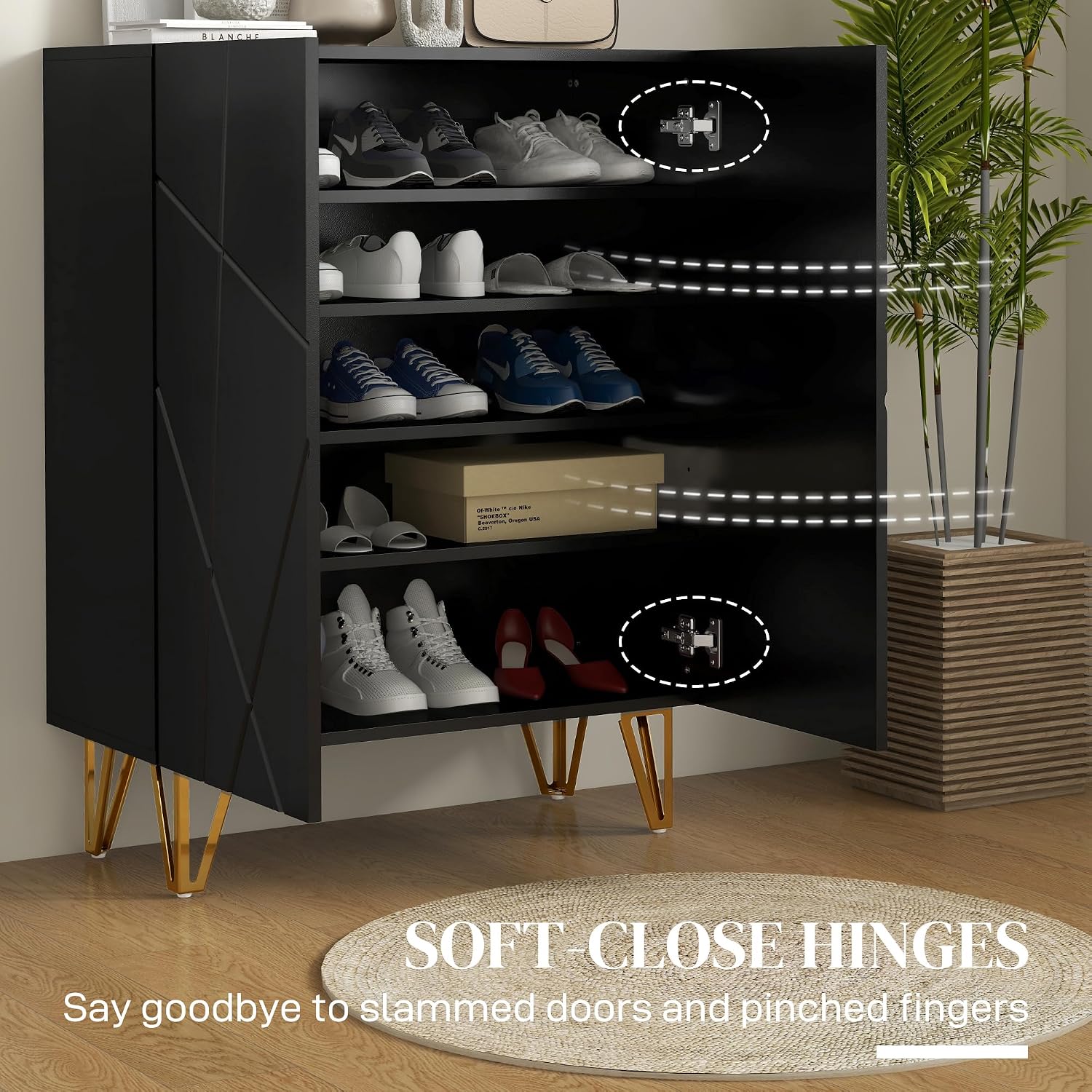 Detalle 1 de HOMCOM 837-469V80BK Shoe Cabinet, High-Gloss Black, Adjustable Shelves