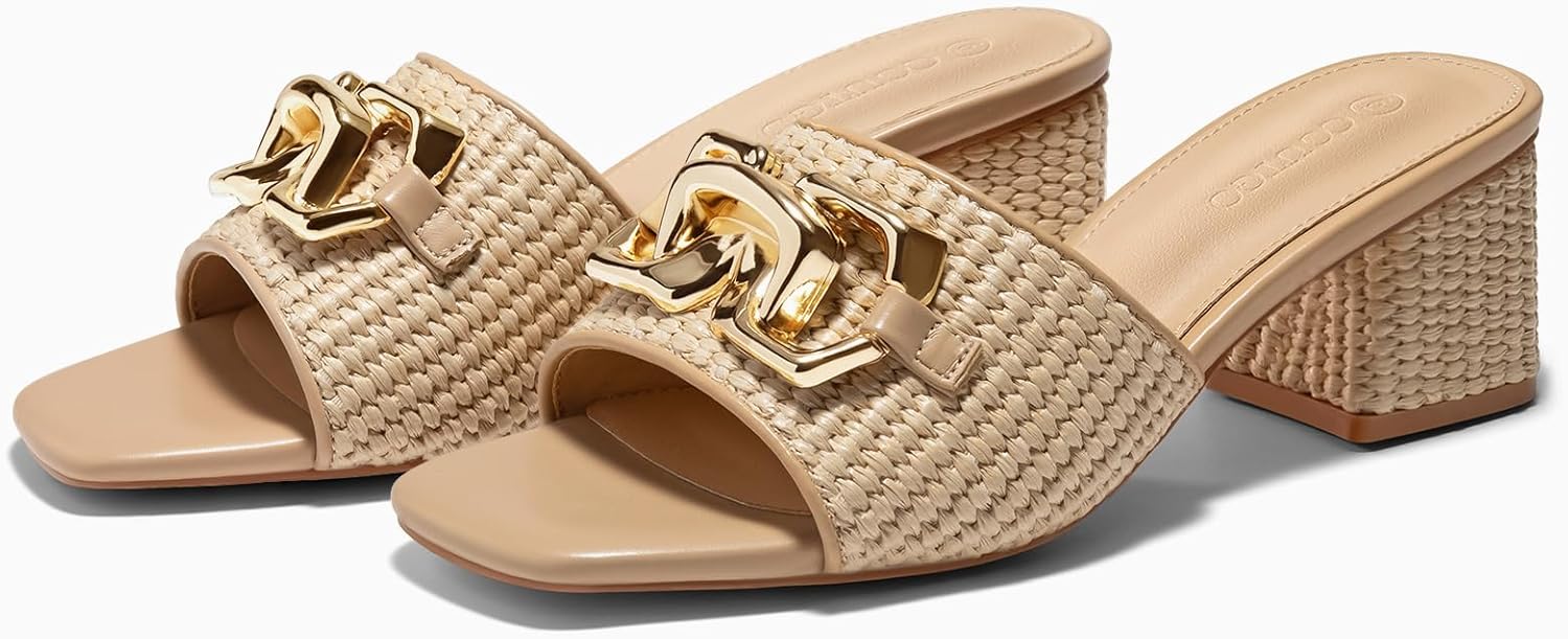 Thumbnail 4 de Coutgo Women’s Raffia Slide Sandals with Square Toe, Metal Chain Detail, and Chunky Block Heel