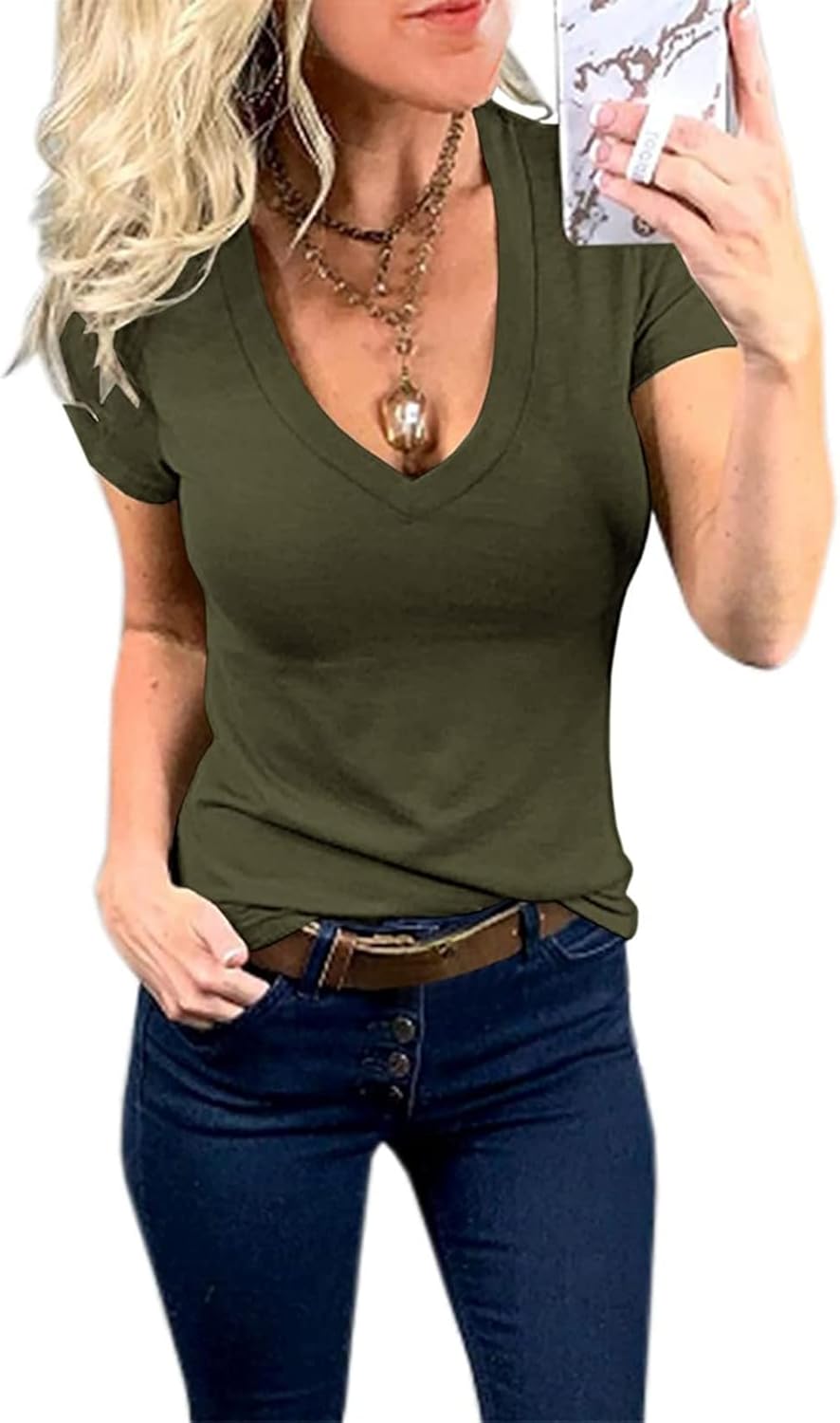 Thumbnail 2 de Fessceruna Damen T-Shirt mit V-Ausschnitt, Kurzarm, Slim Fit (Sommer Basic)