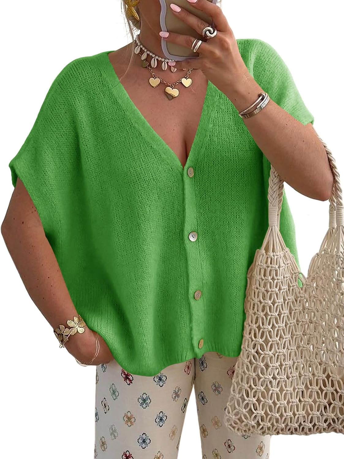Thumbnail 6 de Saodimallsu Women’s Oversized Batwing Short Sleeve Cardigan (V-Neck, Button-Down)