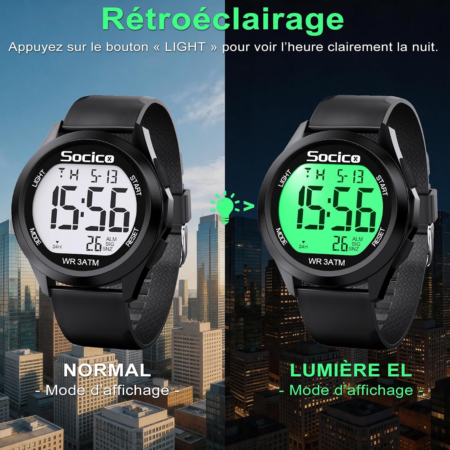 Detalle de SOCICO Montre Numérique Homme Étanche Look Militaire, Double Temps Chrono