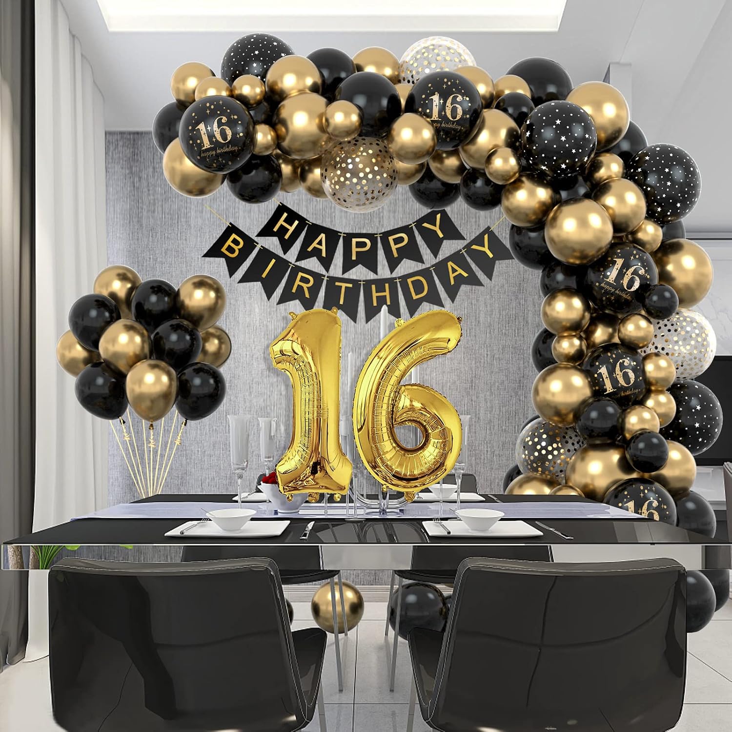 Detalle 2 de 16 Geburtstag Deko-Set Schwarz-Gold für Jungen und Mädchen – Ballonbogen, Girlande & Konfetti-Ballon