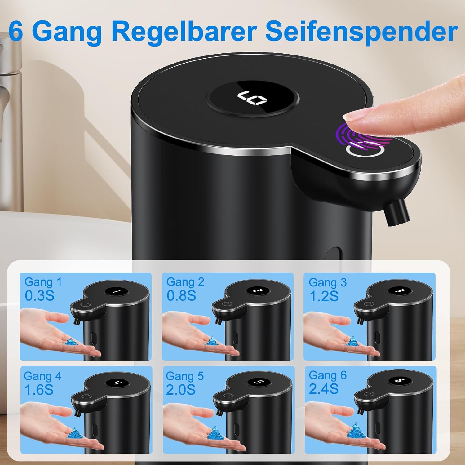Detalle de Fantictas Seifenspender Automatisch – USB aufladbar, 6-stufige Schaumeinstellung, Display, 380 ml, IPX5, Schwarz