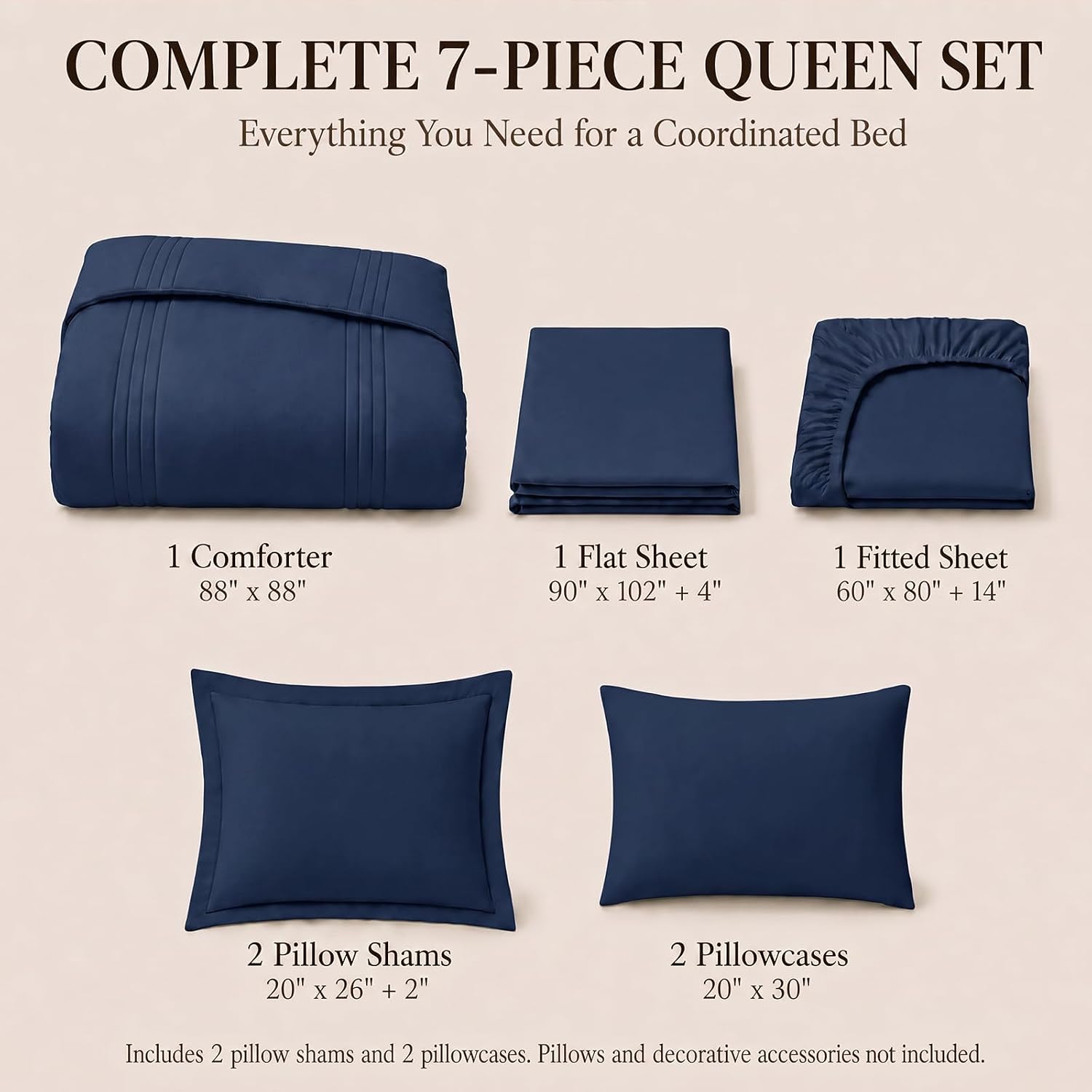 Detalle 2 de CozyLux CLUS25G90L2QU Queen Comforter Set, Navy Blue, 240 GSM, 7-Piece