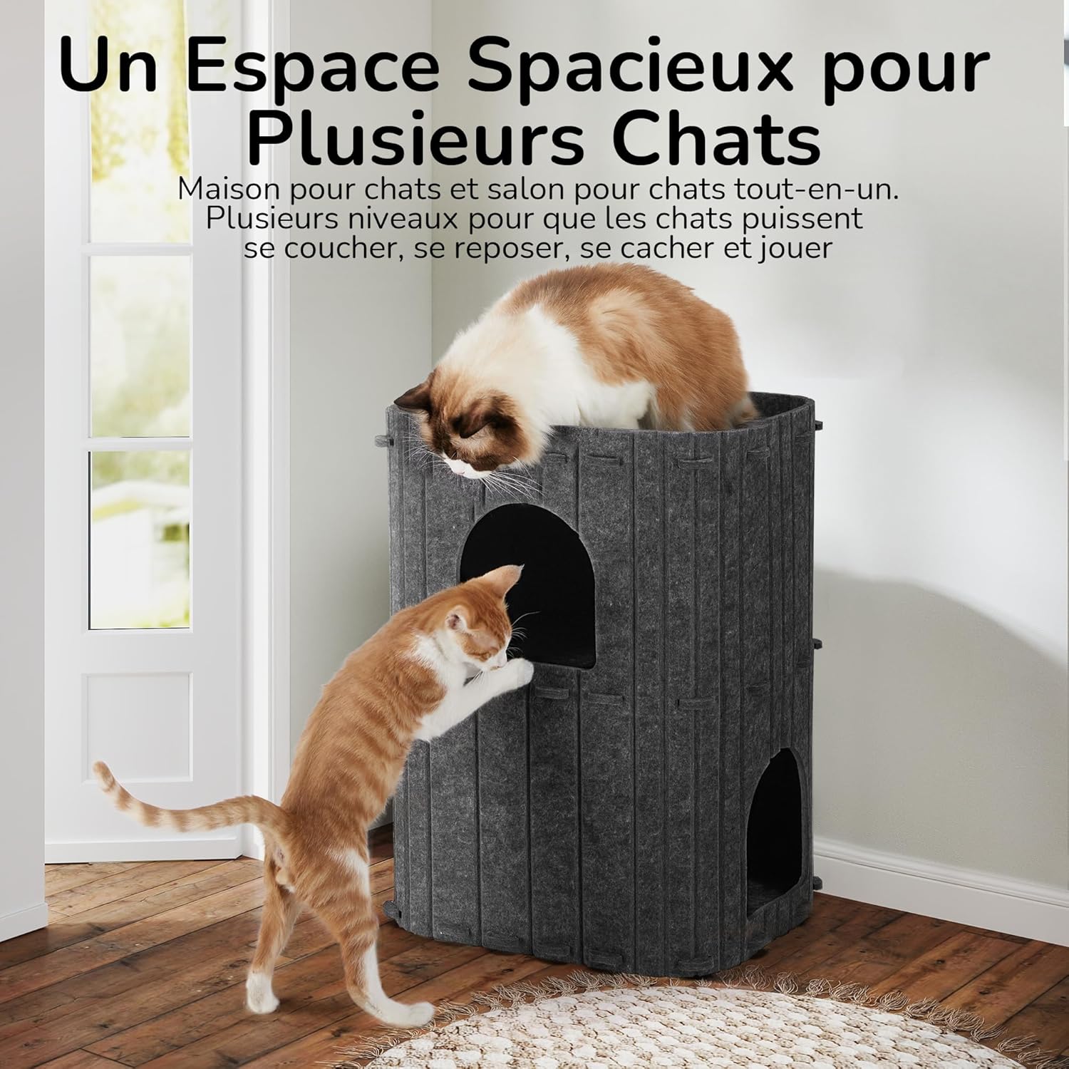 Thumbnail 1 de FUKUMARU Niche pour chat d’intérieur 2 étages en feutre gris (45 x 36,5 x 60 cm)