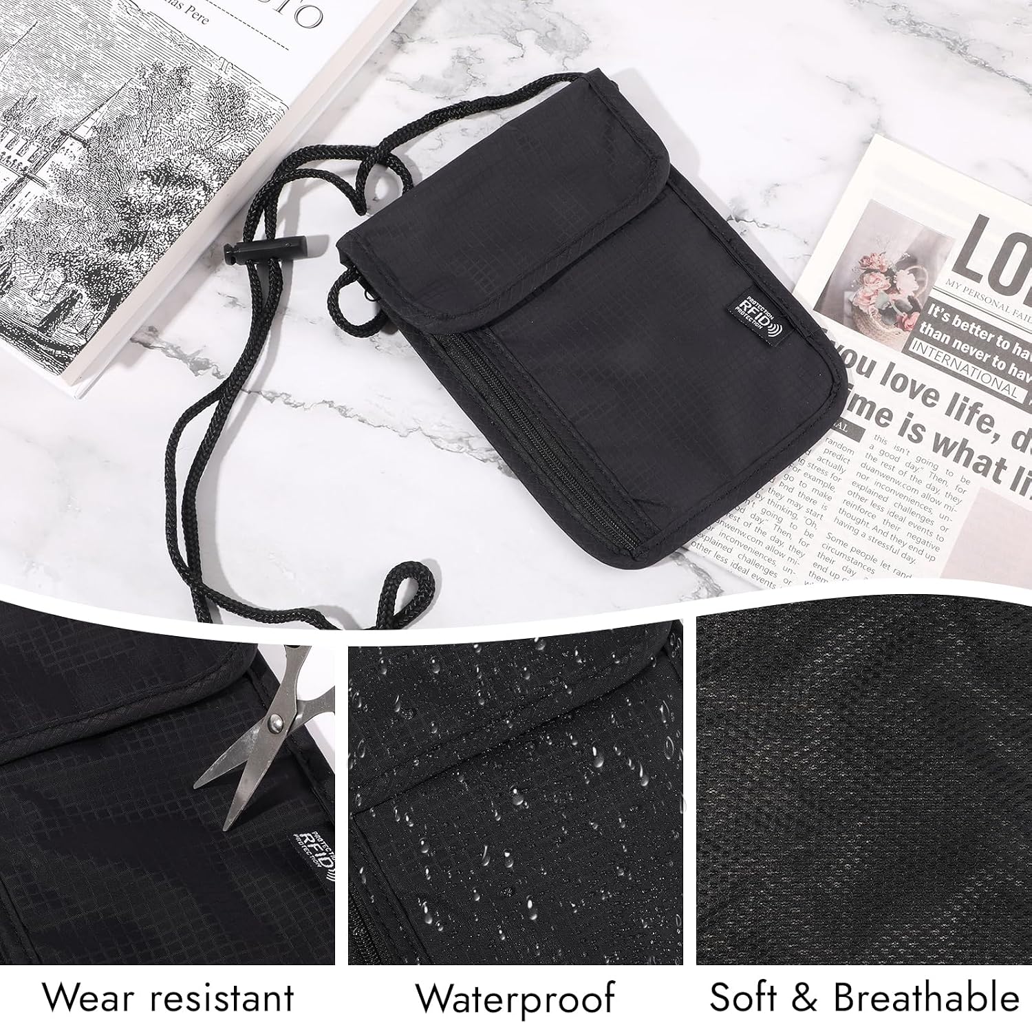 Detalle 2 de Brustbeutel mit RFID-Schutz (Anti-Diebstahl) – unisex Reisegeldbeutel, wasserdichtes Nylon, schwarz