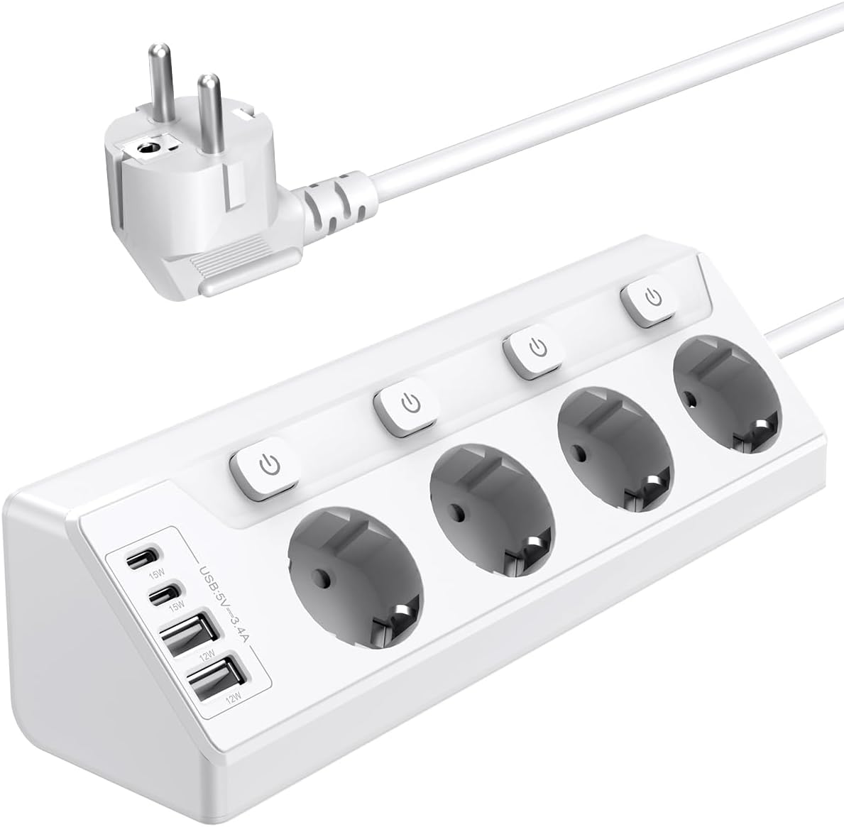 Detalle de vipwell Ecksteckdose mit 4 USB (2× USB‑C, 2× USB‑A) und unabhängigen Schaltern – 90° Winkel, 4 Fach-Steckdosen