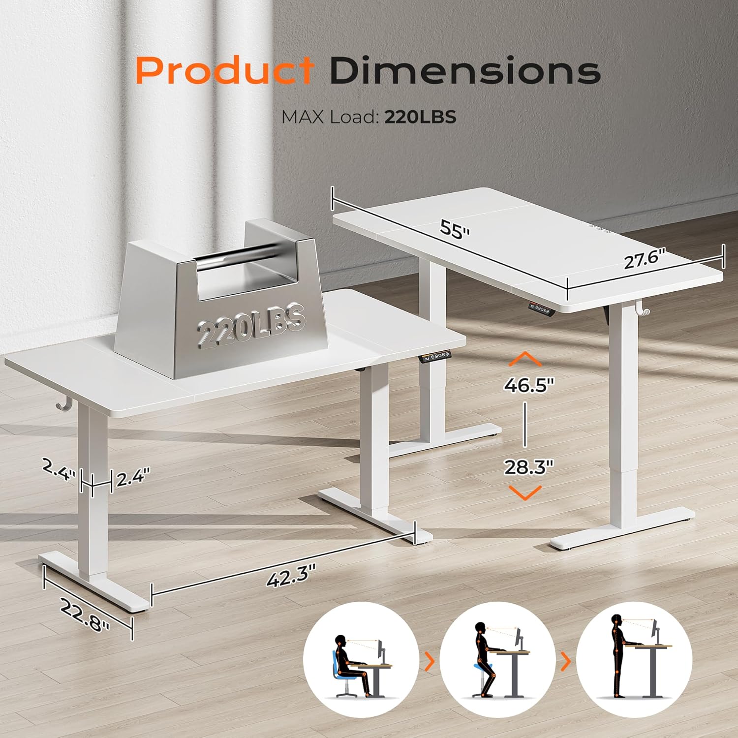 Detalle 2 de Huuger 55x28 Electric Standing Desk ⚙