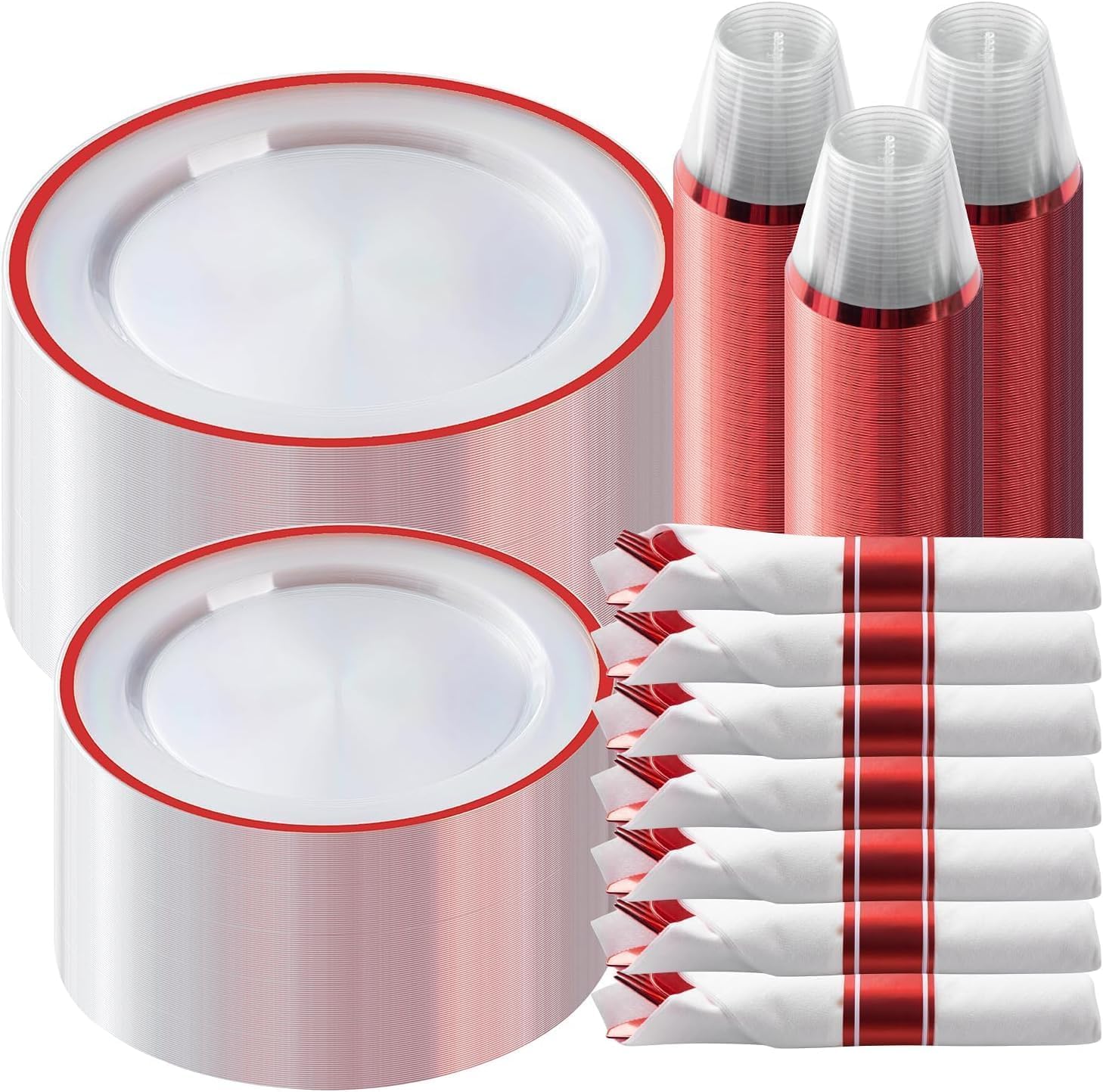Detalle de Goodluck 350-Piece Red Plastic Dinnerware Set (Clear Plates) for 50 Guests
