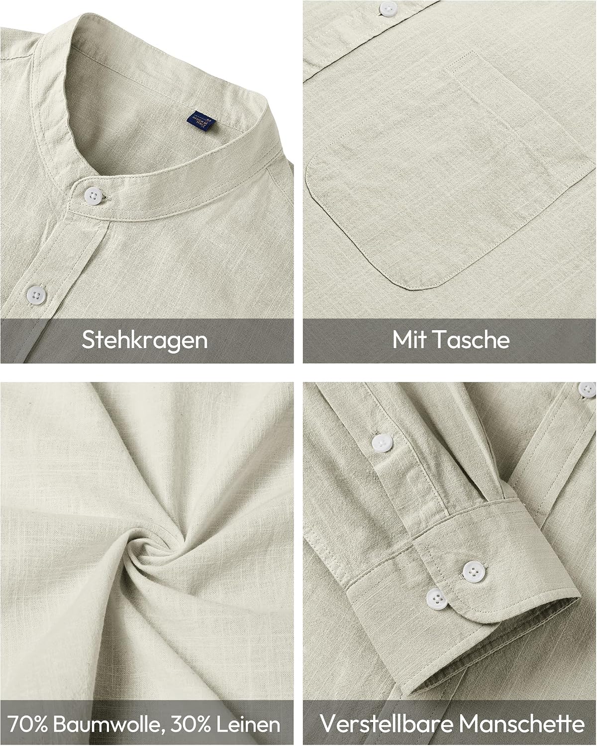 Detalle de Siliteelon Leinenhemd Herren Langarm Stehkragen – Regular Fit, vielseitig einsetzbar