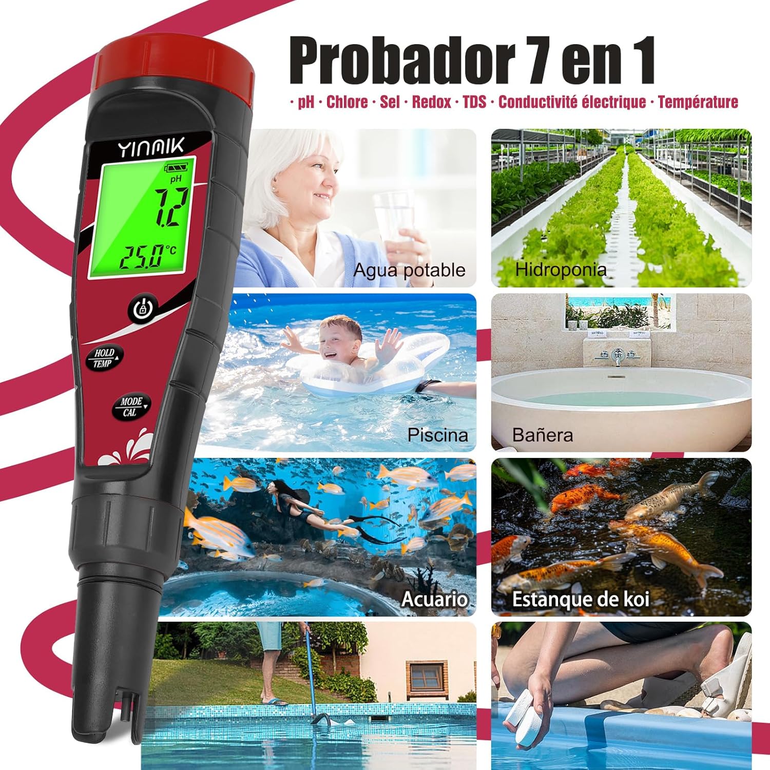 Thumbnail 5 de YINMIK Medidor 7 en 1 pH y cloro 0,1 ppm