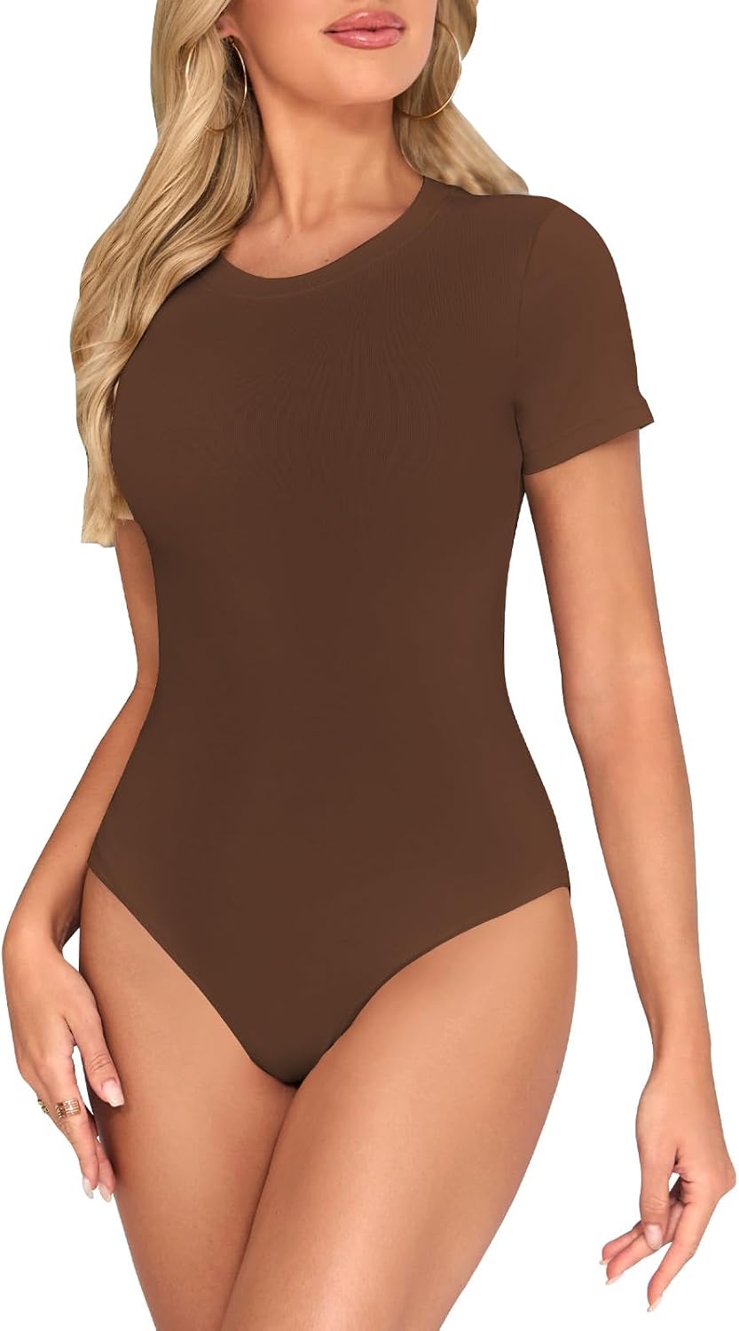 Kefiyis Bodysuit Short Sleeves for Women – Slim Fit Nylon-Spandex Leotard with Snap Closure