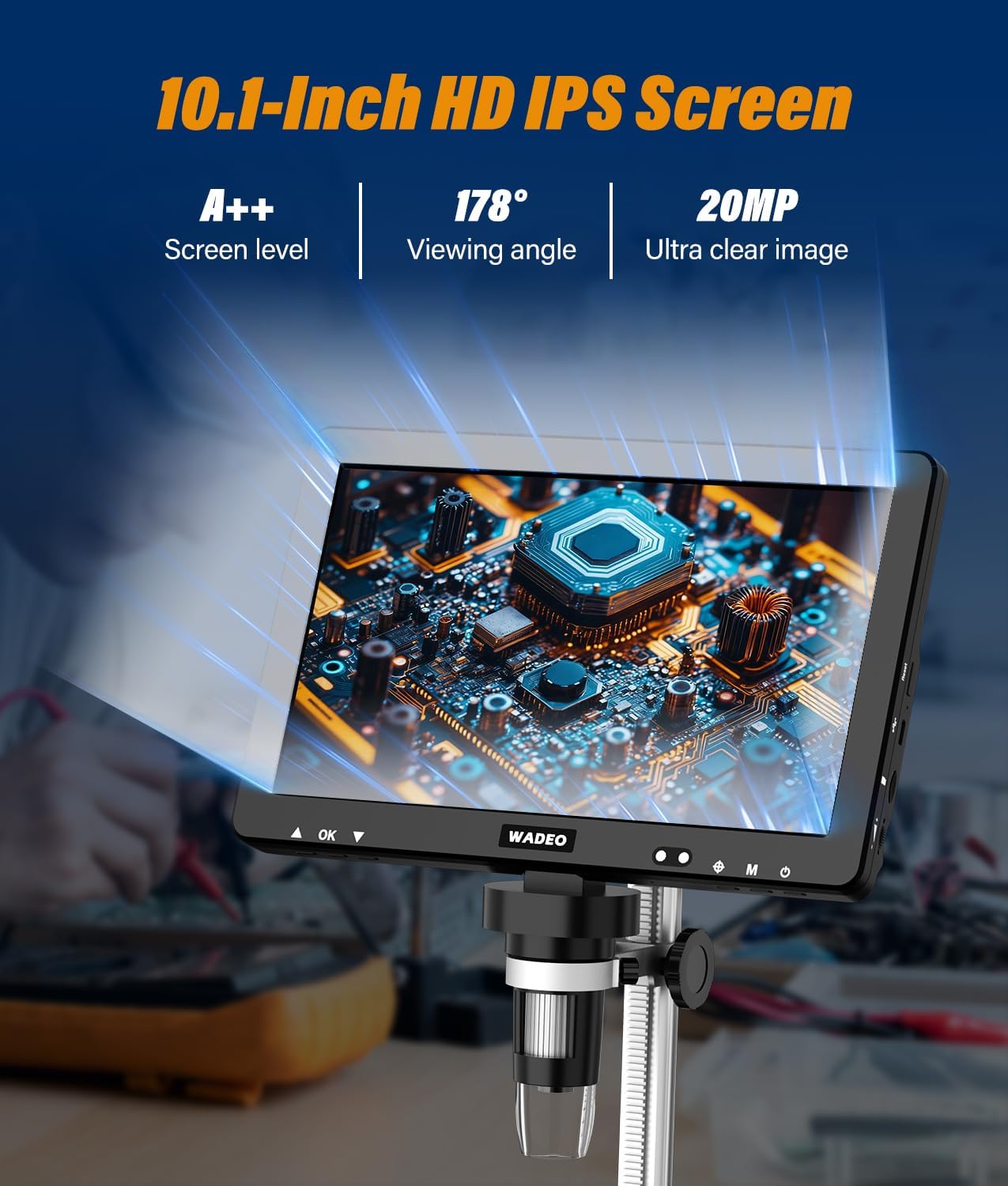 Thumbnail 1 de WADEO Microscopio Digitale con Schermo LCD 10,1'' – 1500X, 1080P, 32GB, 8 LED per Riparazione Elettronica
