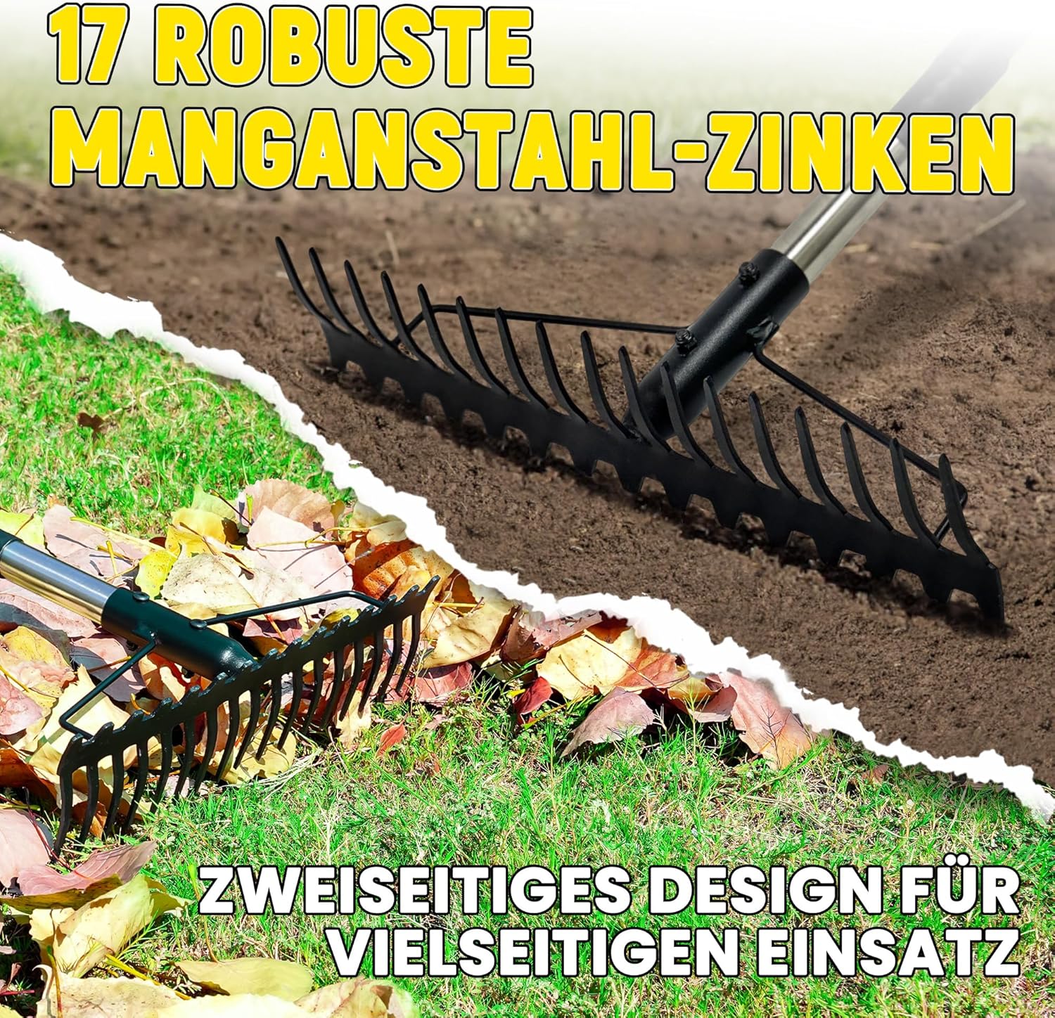 Detalle de BlumeTrec Gartenrechen 1,7 m – 17 Zinken, Zwei-Seiten Kopf, Edelstahlgriff