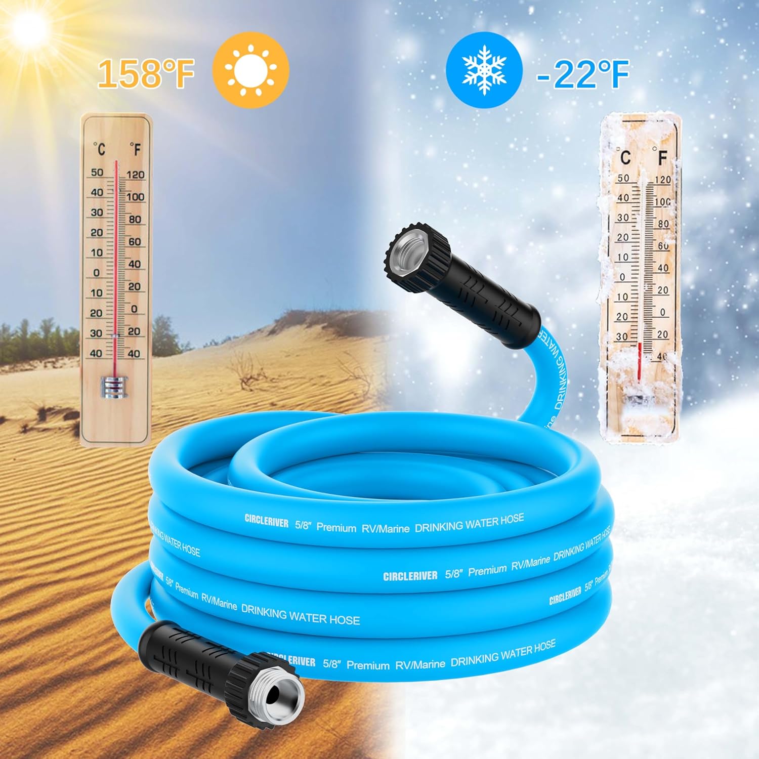 Detalle de CircleRiver 50FT 5/8" RV Water Hose (Drinking Water Safe, BPA Free, Anti-Kink) with 3/4" NPT Ends
