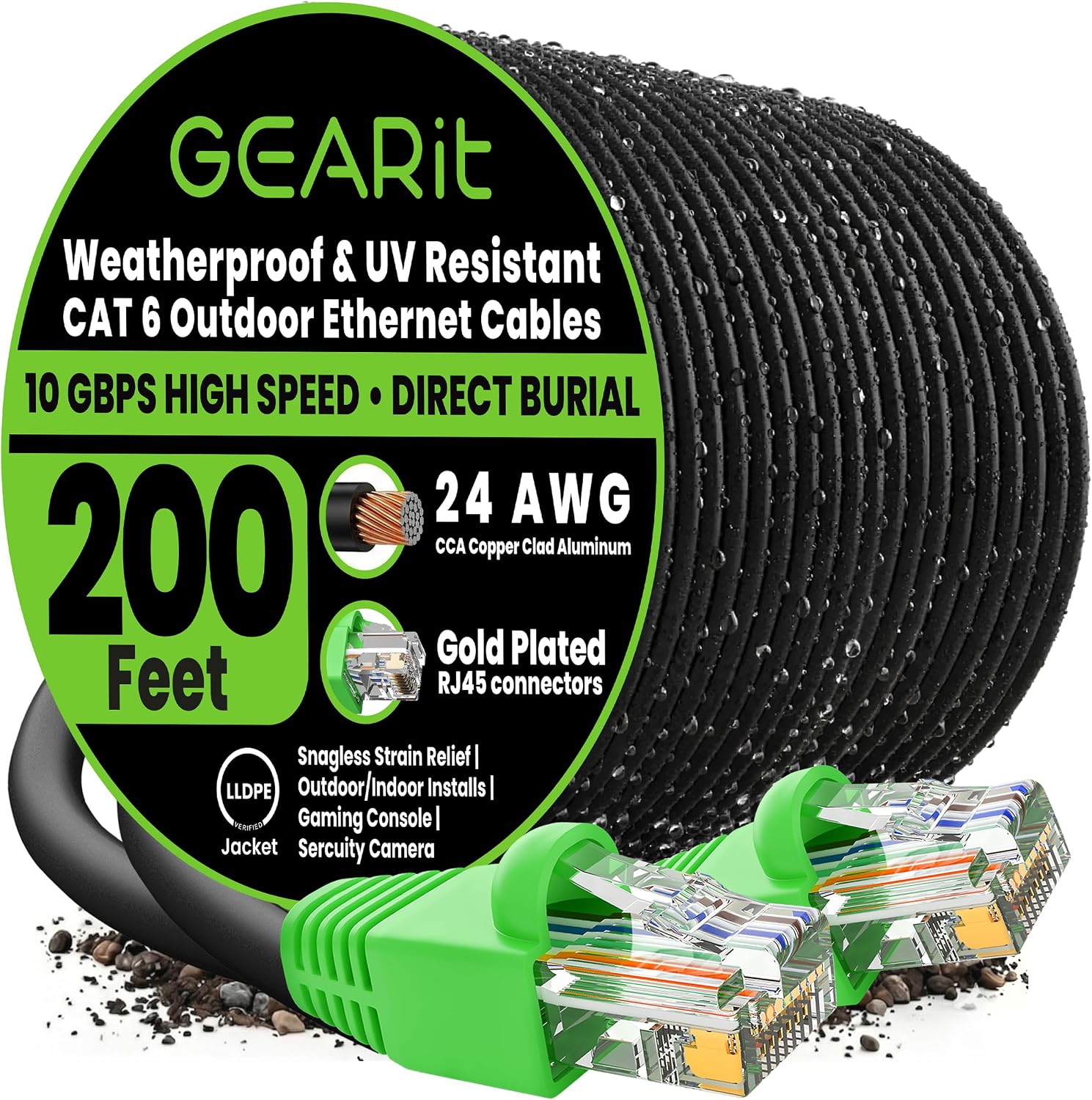Detalle de GEARit Cat6 Ethernet Cable 200ft (Outdoor Direct Burial, 24AWG, RJ45, UV-Resistant Jacket)