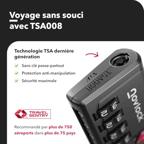 Detalle 2 de Cadenas TSA à 4 chiffres avec Indicateur d’ouverture – NovLock (Lot de 2, Noir) pour valise, bagage cabine et sac à dos