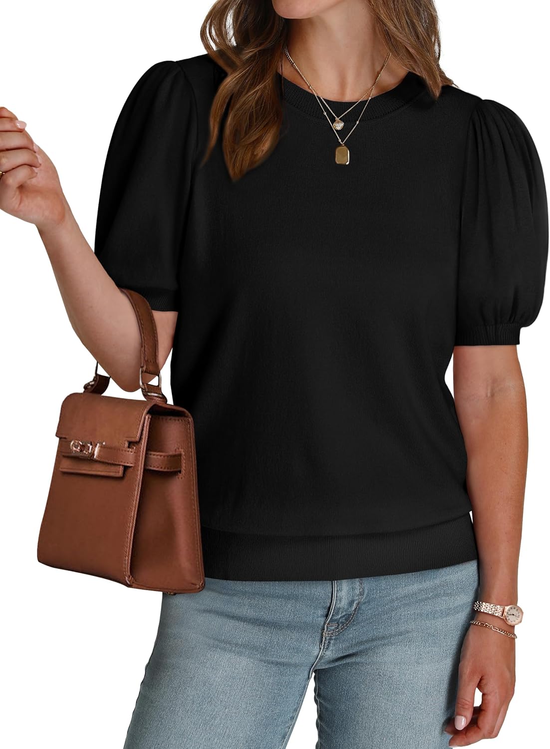 Detalle de WIHOLL Women’s Puff Short Sleeve Sweater Top for Work and Casual Wear