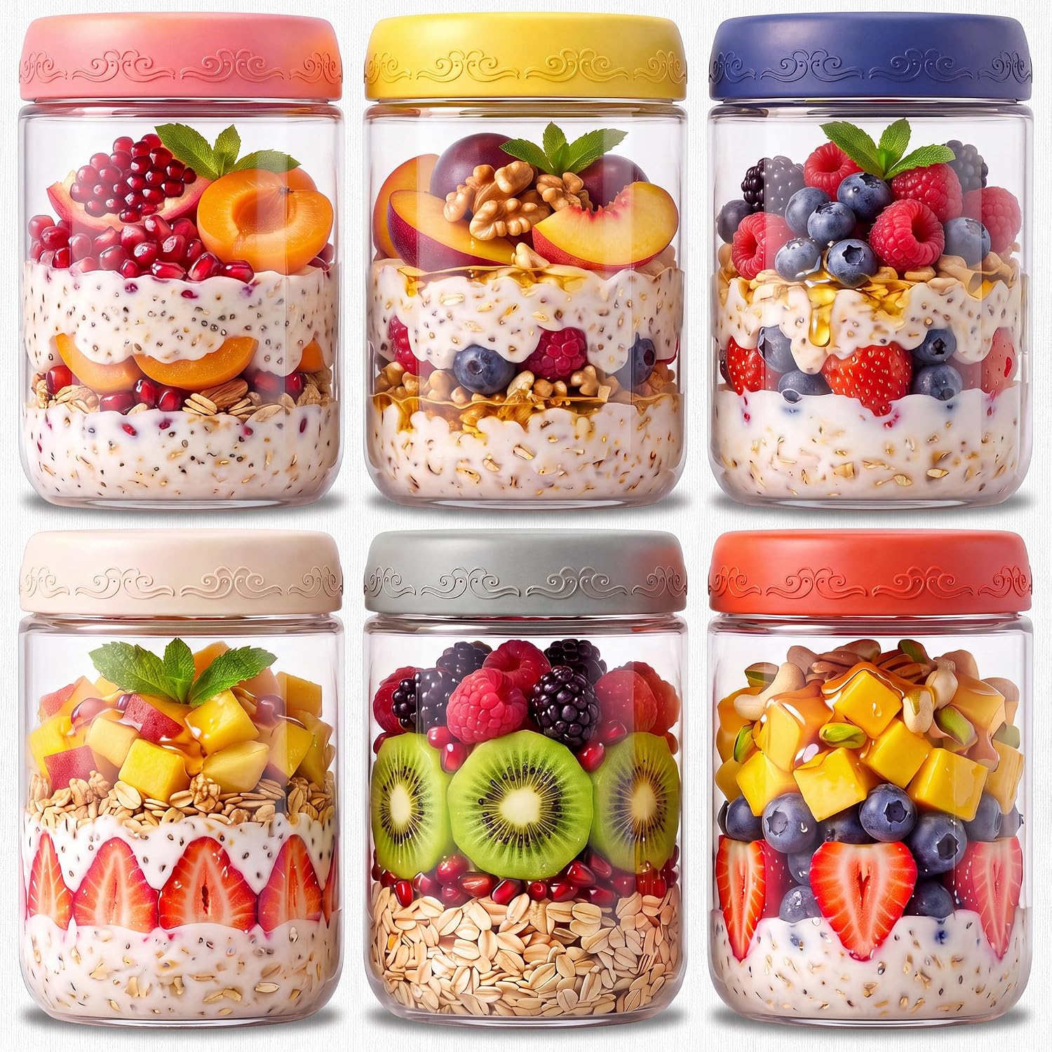 Detalle de DicraoLea 16 oz Glass Overnight Oats Jars, 6-Pack with Airtight Lids
