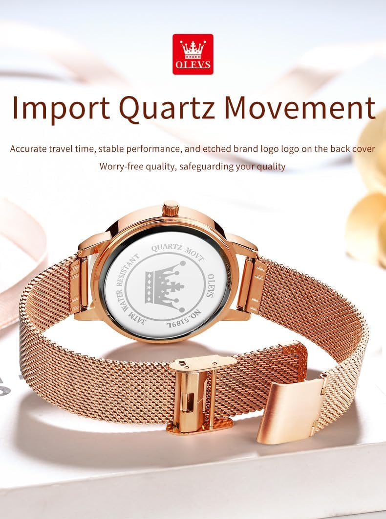 Detalle de OLEVS Femmes Montre Luxe Or Rose Ultra-Mince avec bracelet maille inox étanche 30 m