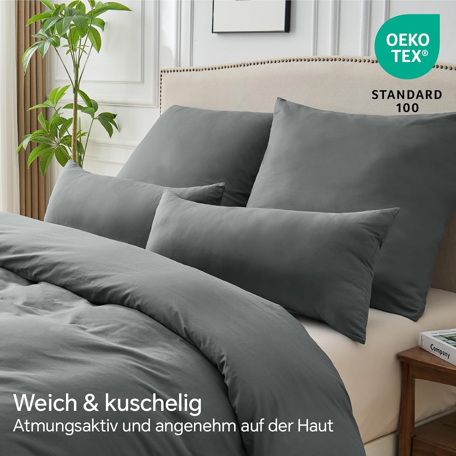 Thumbnail 2 de BEDELITE Kissenbezug 80x80 cm aus Baumwolle – Grau, 2er Set, Extra langer Reißverschluss