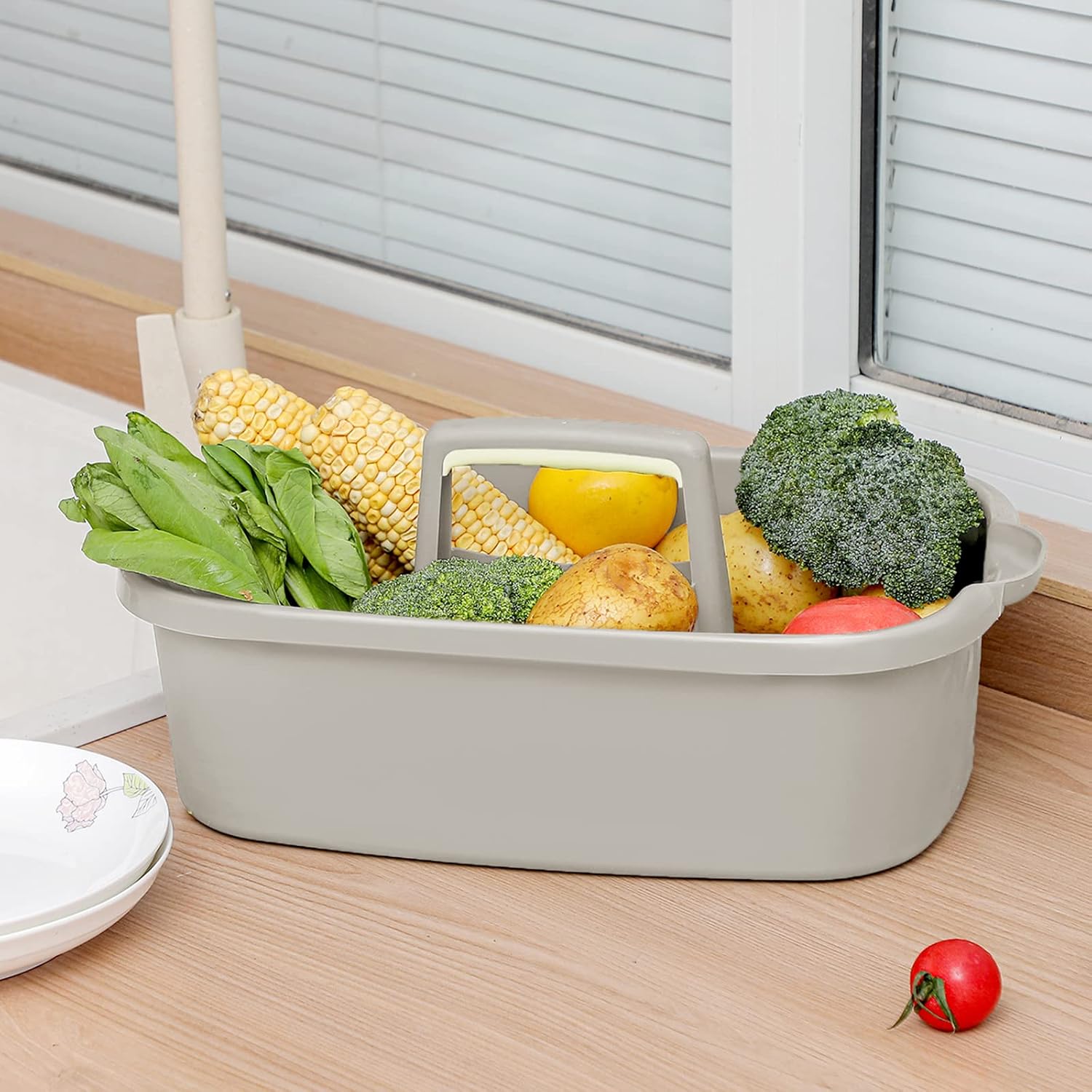 Detalle de JiatuA Large Cleaning Caddy, Light Gray Plastic Basket with Carry Handle