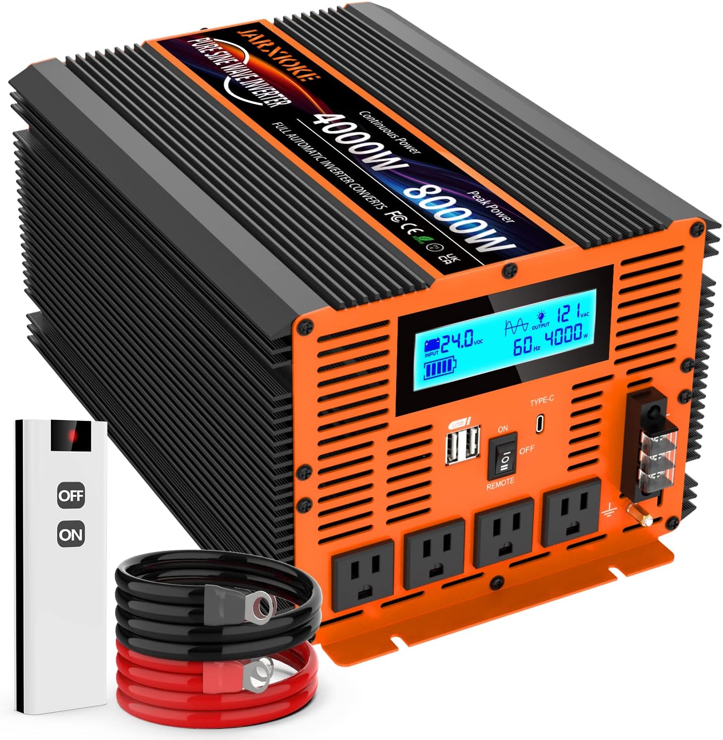 Detalle de 4000 Watt Pure Sine Wave Power Inverter (24V DC to 110/120V) with Remote, LCD, and Dual USB – JARXIOKE