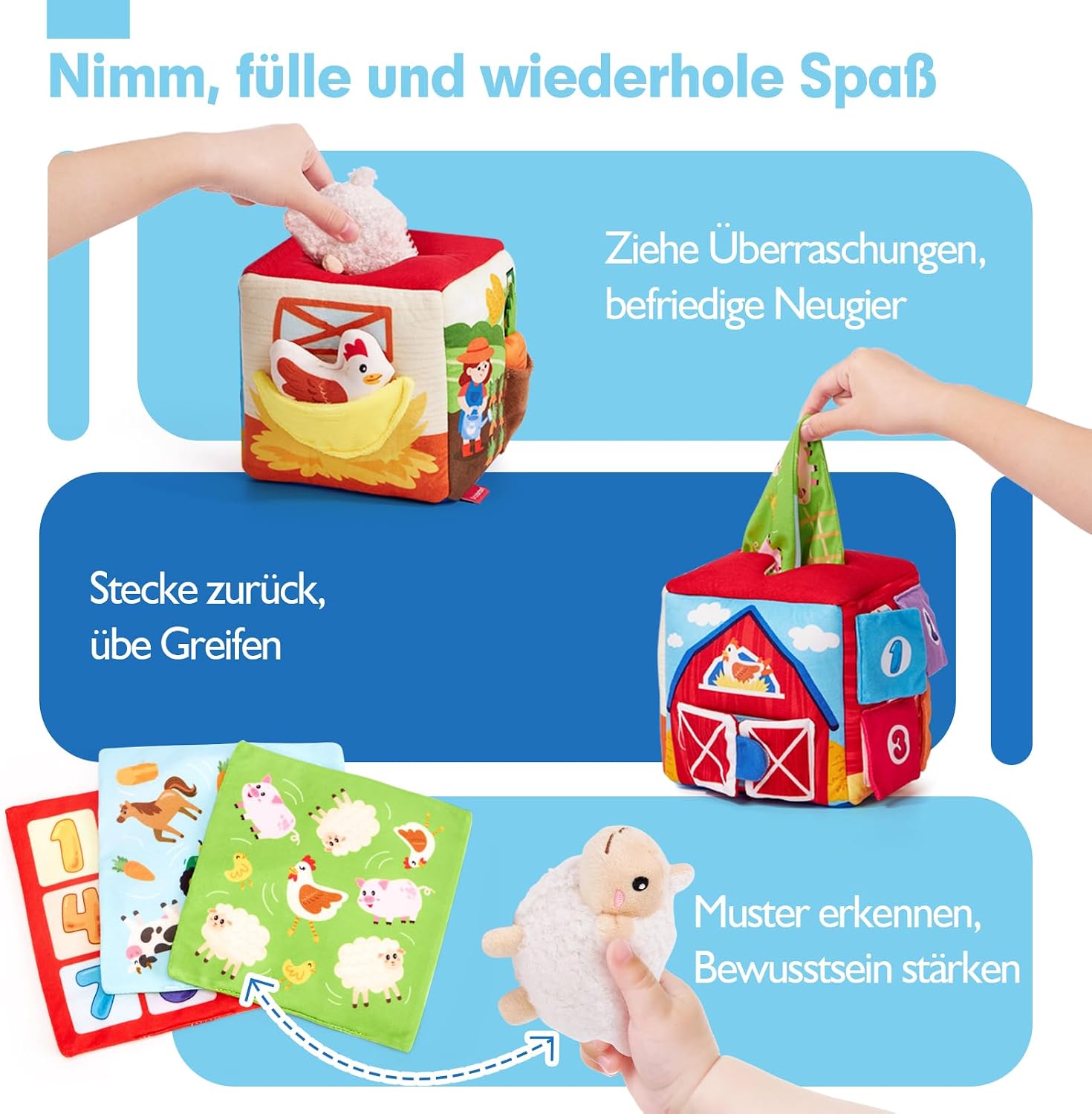 Thumbnail 2 de hahaland Baby Spielzeug Bauernhof-Schatzkiste mit 9 Rasseln, Spiegel & Stofftüchern (6–12 Monate)