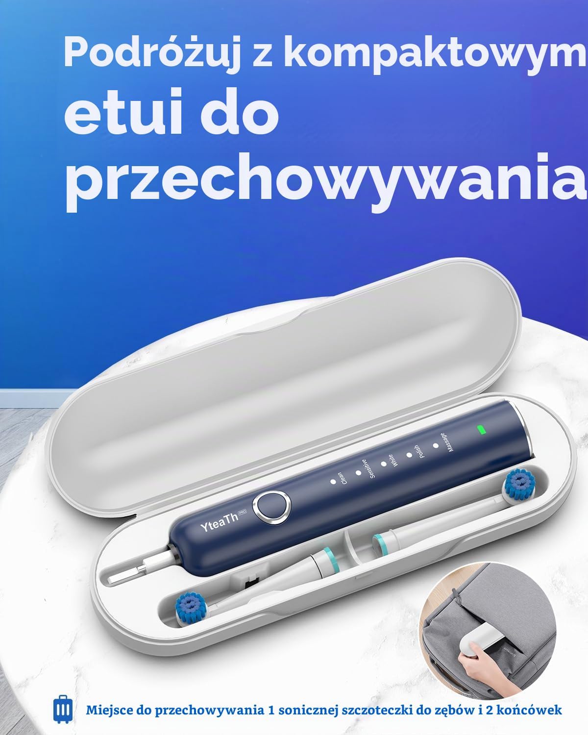Detalle de YTEATH PRO obrotowa szczoteczka do zębów, 5 trybów, 8 końcówek i etui
